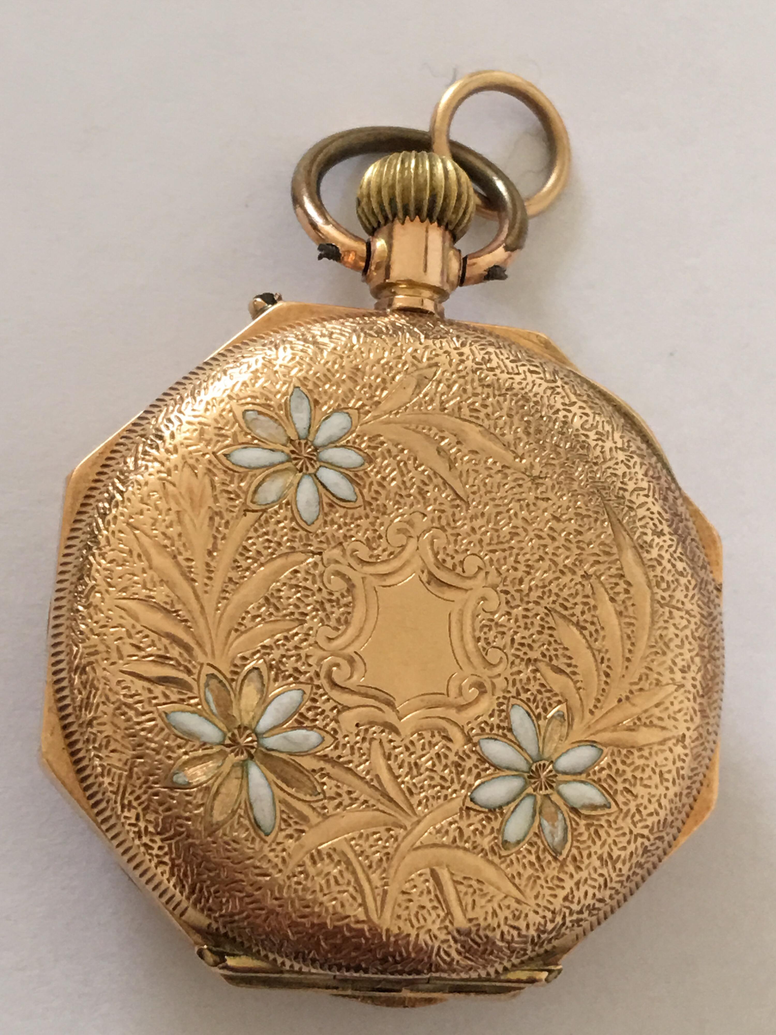 14k Gold Antique Full Engraved Octagonal Case and Enamel Dial Pocket/ Fob Watch For Sale 5