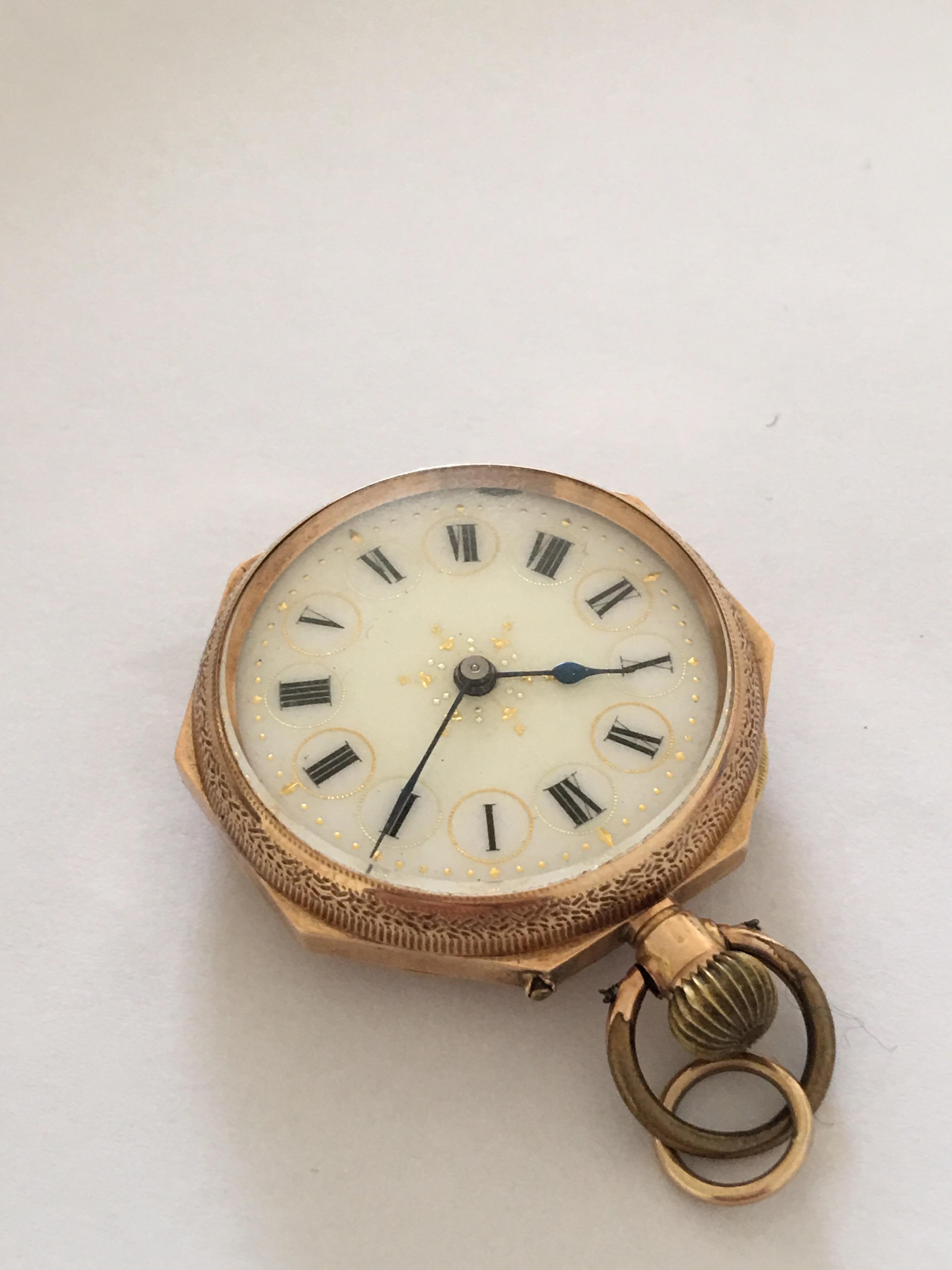 14k Gold Antique Full Engraved Octagonal Case and Enamel Dial Pocket/ Fob Watch For Sale 6