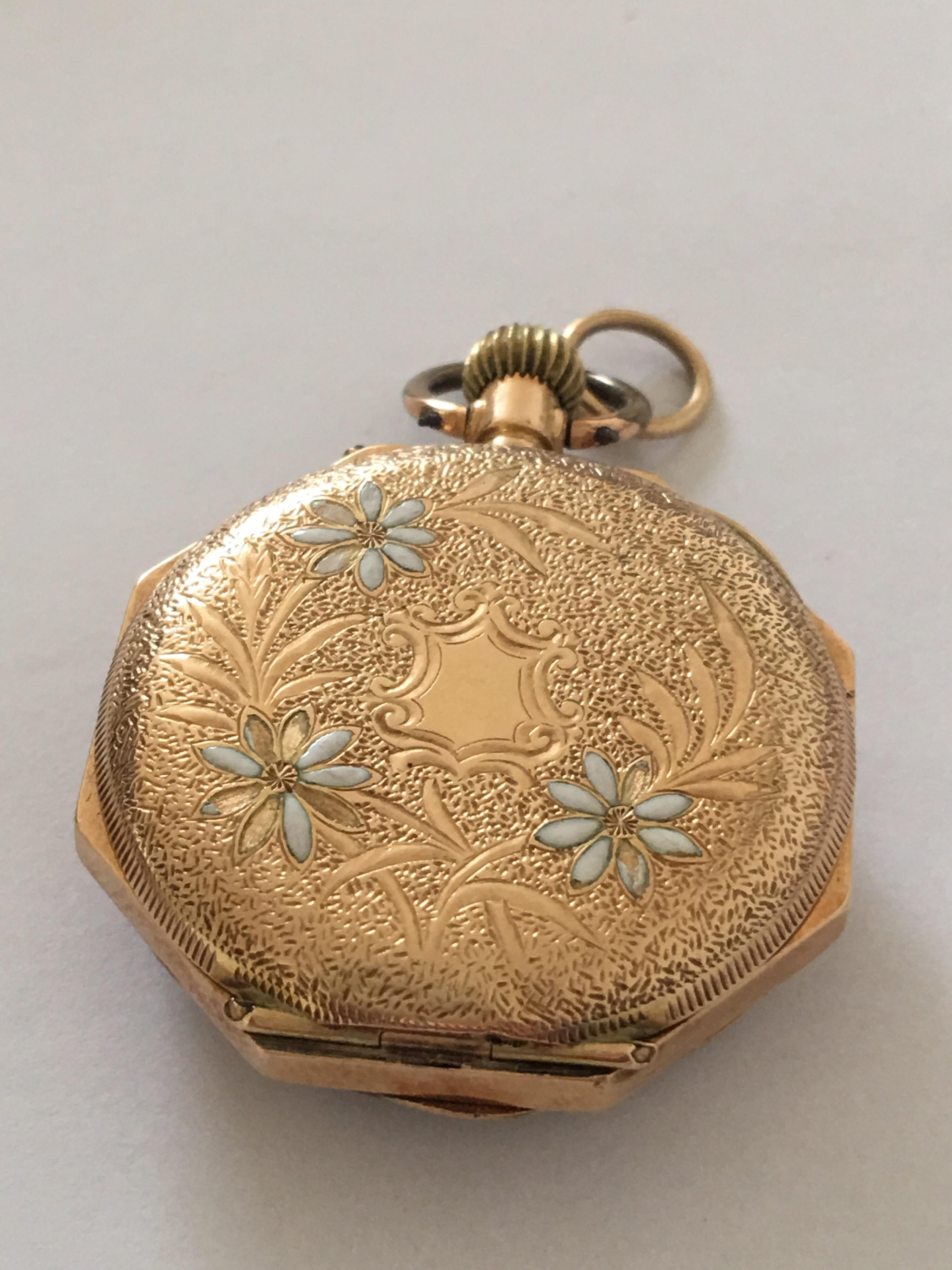 14k Gold Antique Full Engraved Octagonal Case and Enamel Dial Pocket/ Fob Watch For Sale 7