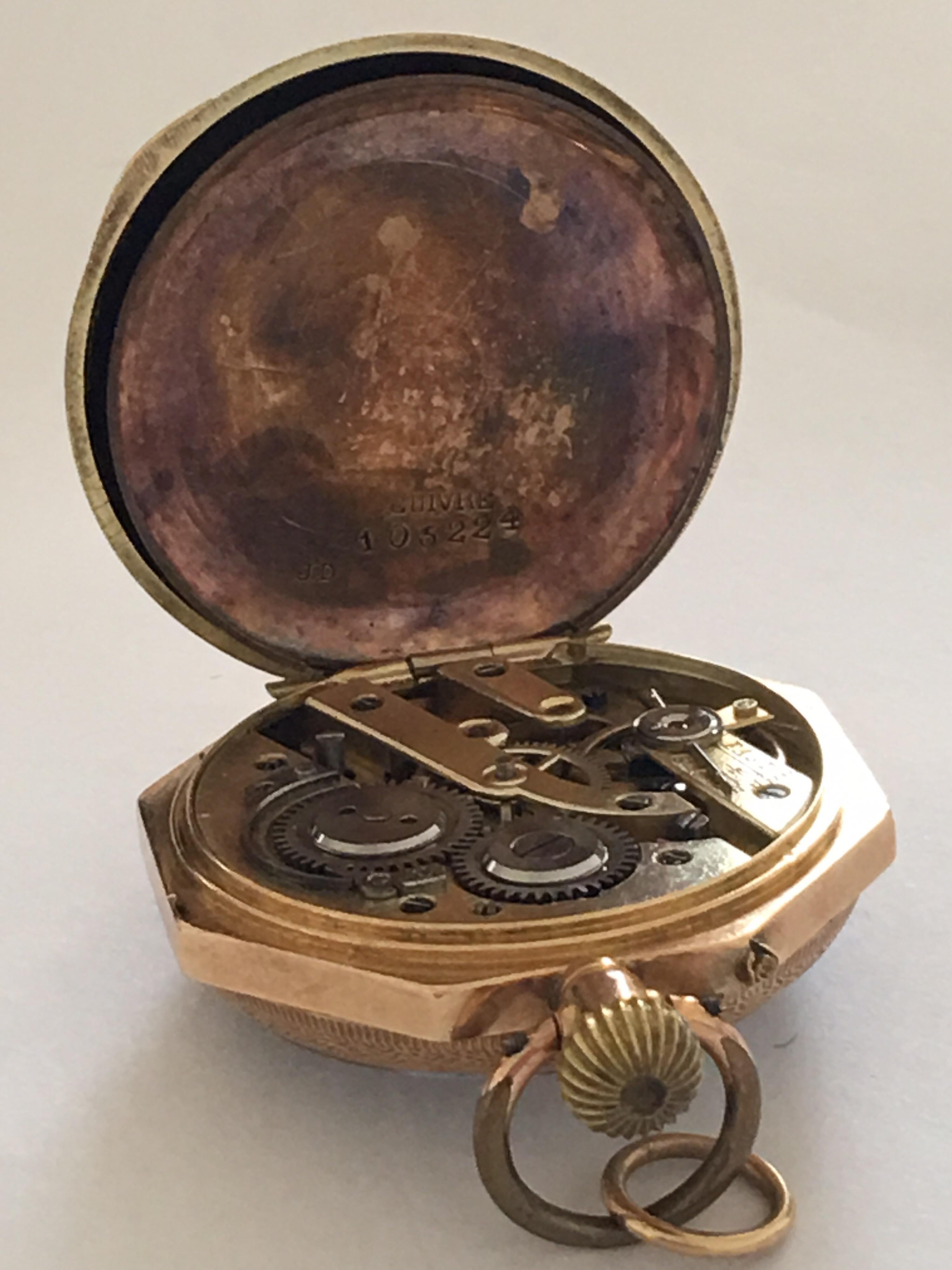 14k Gold Antique Full Engraved Octagonal Case and Enamel Dial Pocket/ Fob Watch For Sale 8