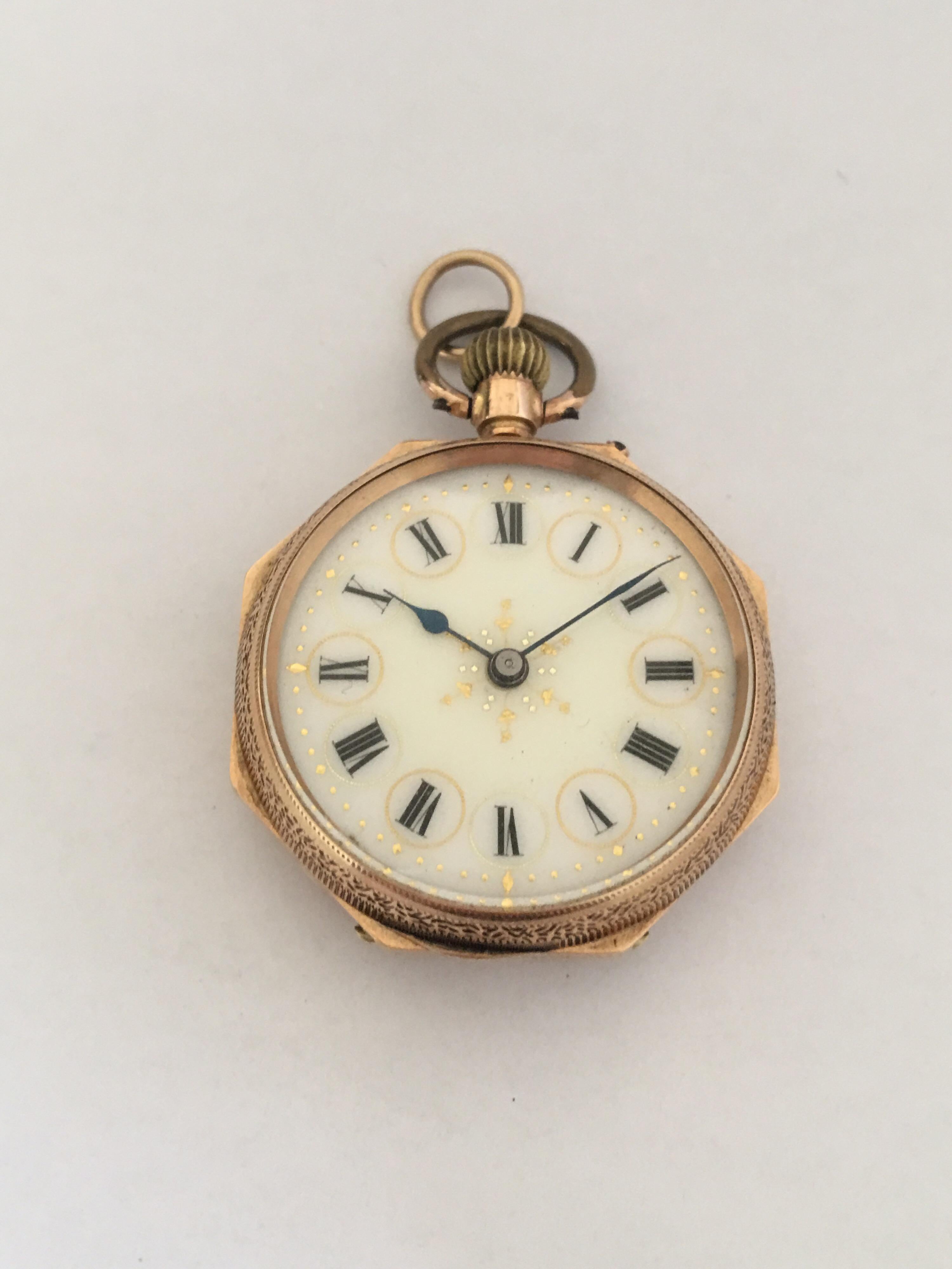 
Condition:

This beautiful 32mm diameter full engraved case gold pocket watch is in good working condition and it is ticking well. Visible signs of wearing with some white enamel worn on the back cover flower petals as shown. the hard metal ring