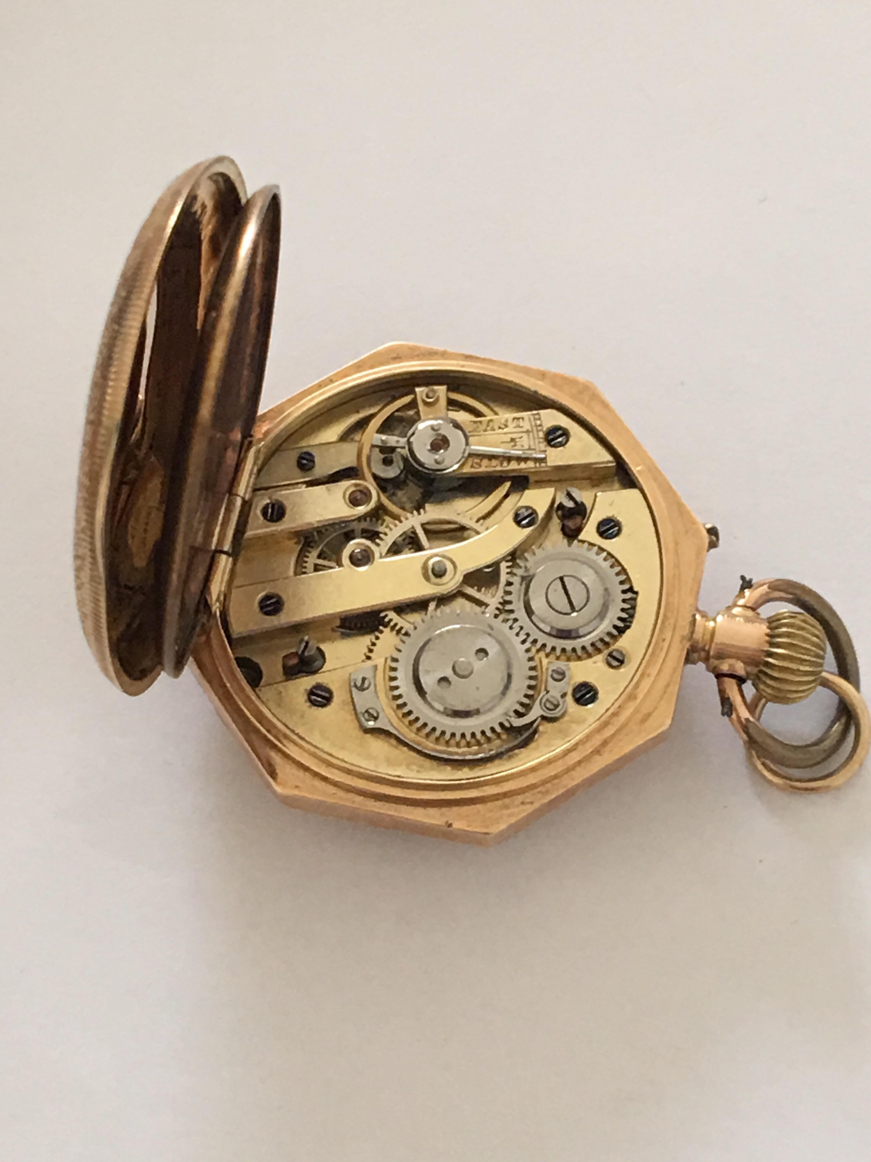 Women's or Men's 14k Gold Antique Full Engraved Octagonal Case and Enamel Dial Pocket/ Fob Watch For Sale