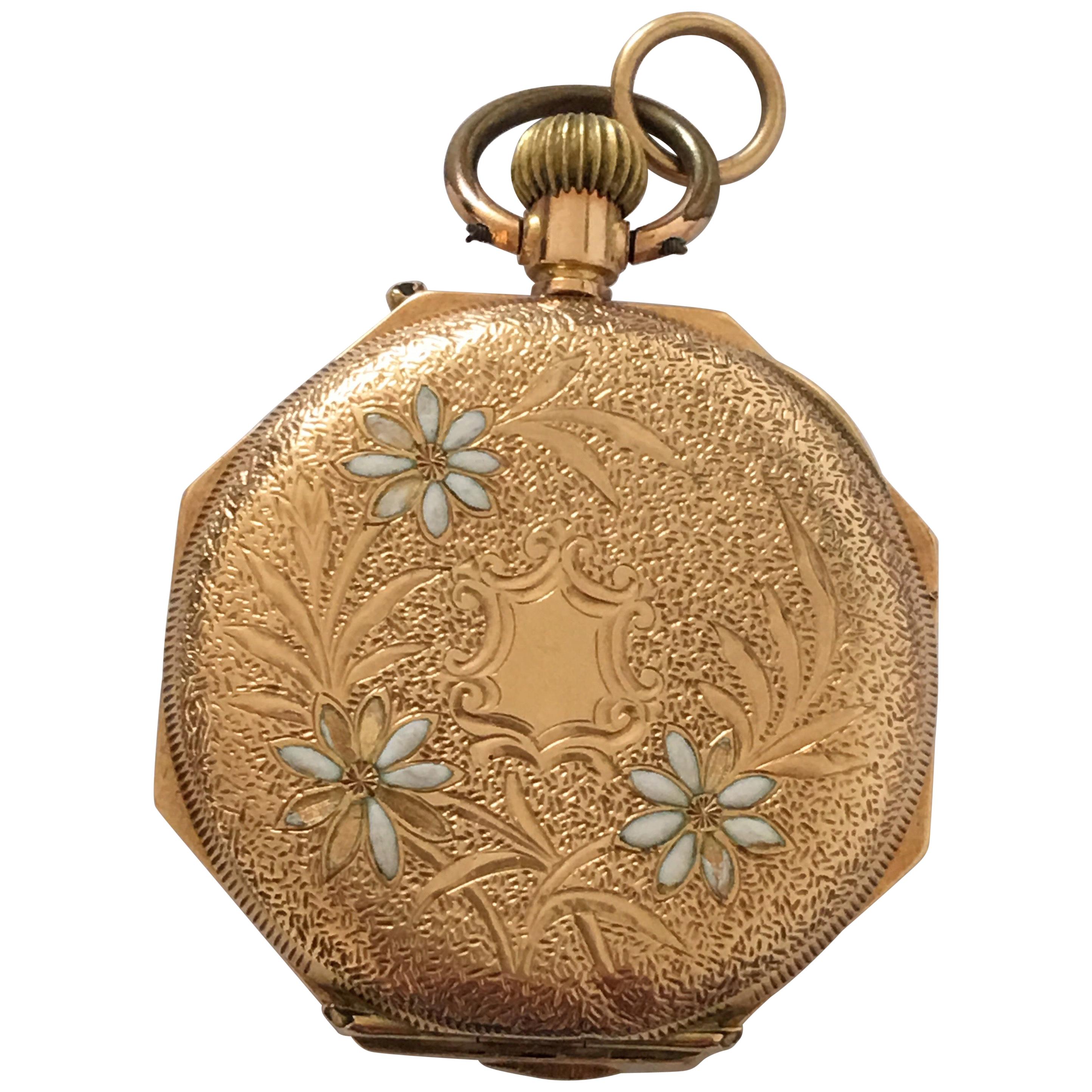 14k Gold Antique Full Engraved Octagonal Case and Enamel Dial Pocket/ Fob Watch For Sale