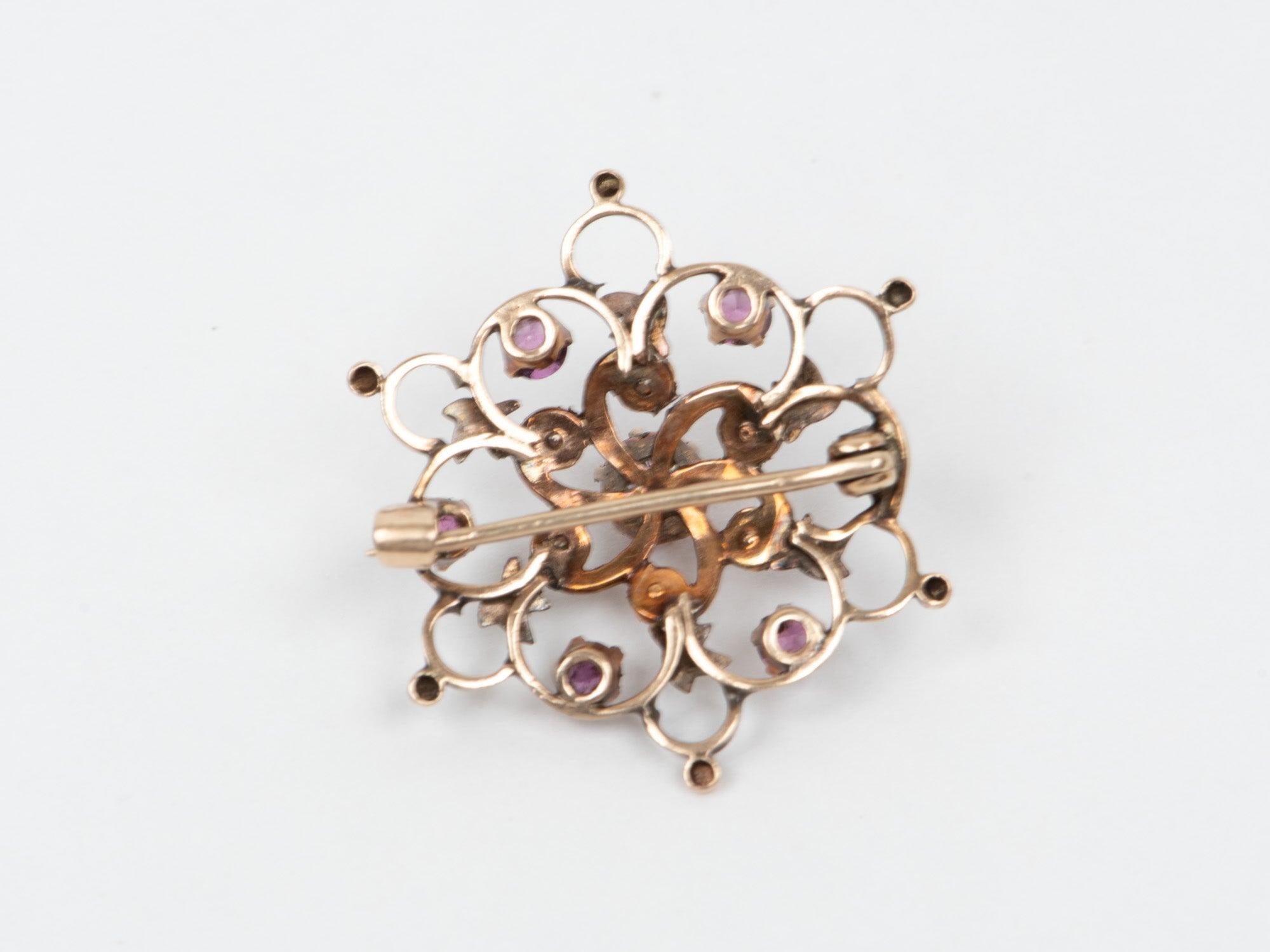 Uncut 14K Gold Antique Victorian Floral Pin Brooch with Seed Pearl and Amethyst 2.24g