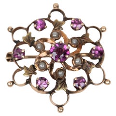 14K Gold Antique Victorian Floral Pin Brooch with Seed Pearl and Amethyst 2.24g