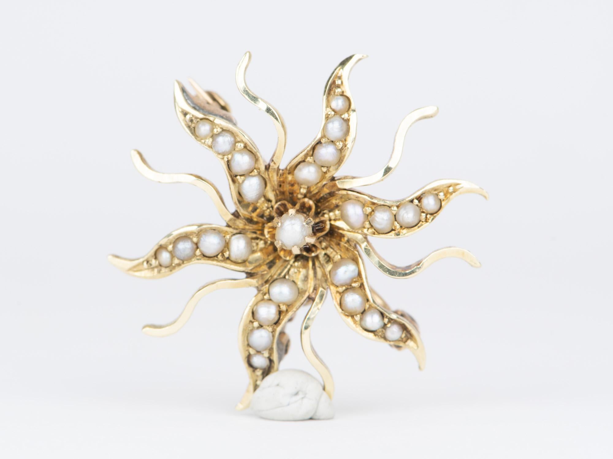 ♥ A solid 14K yellow gold antique Victorian seed pearl sunburst brooch pendant
♥ The brooch measures 24 mm in length, 24 mm in width, and 4.8 mm thick.

♥ Material: 14K Yellow Gold

♥ Weight: 3.3g

♥ All gemstones used are genuine, earth-mined, and
