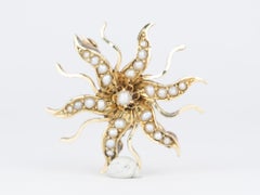 14K Gold Antique Victorian Seed Pearl Sunburst Brooch Pendant V1086