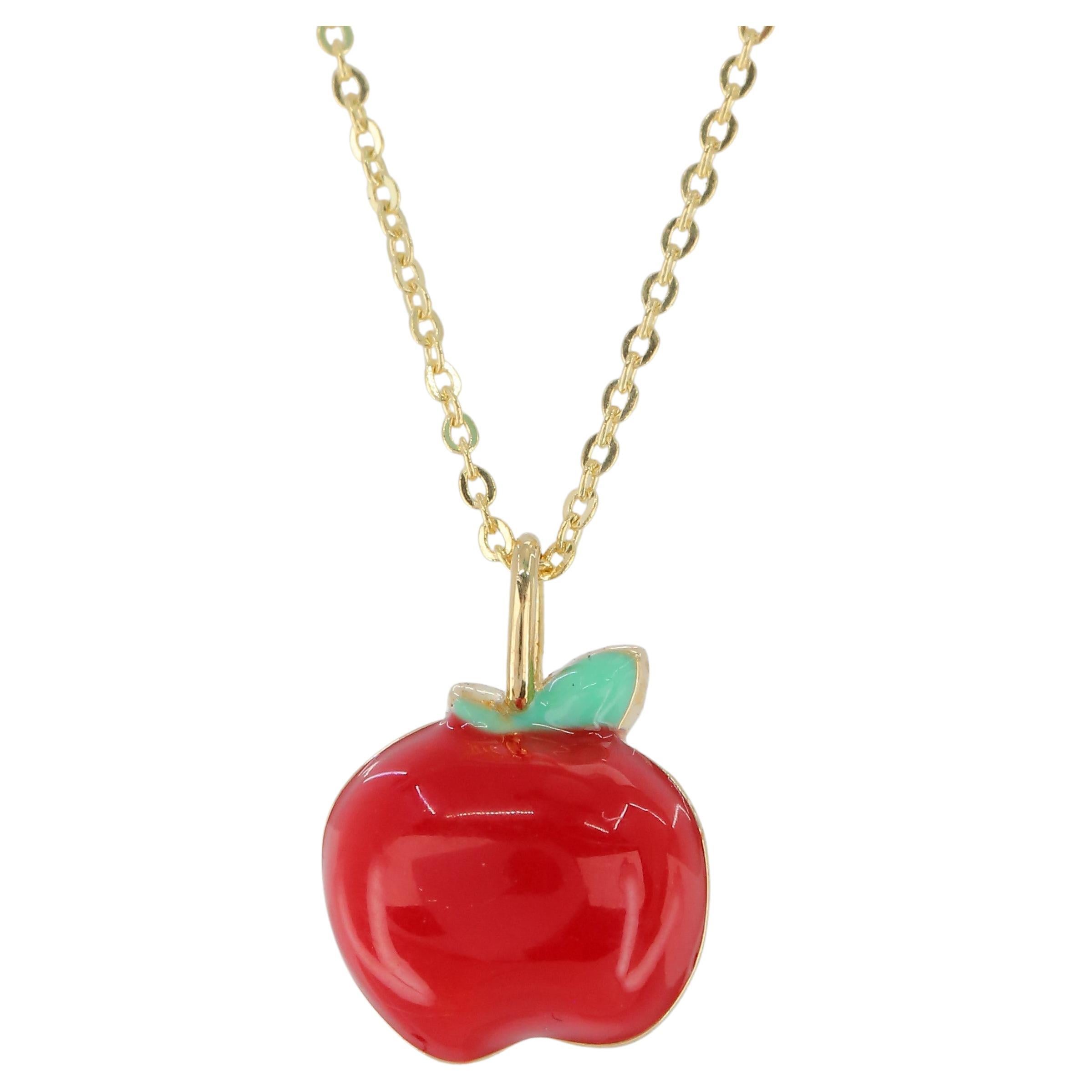 14K Gold Apple Necklace, Enamel Fruit Necklace For Sale