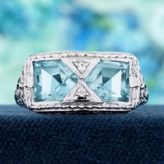 Bague duo en or 14K aigue-marine et diamant de style vintage