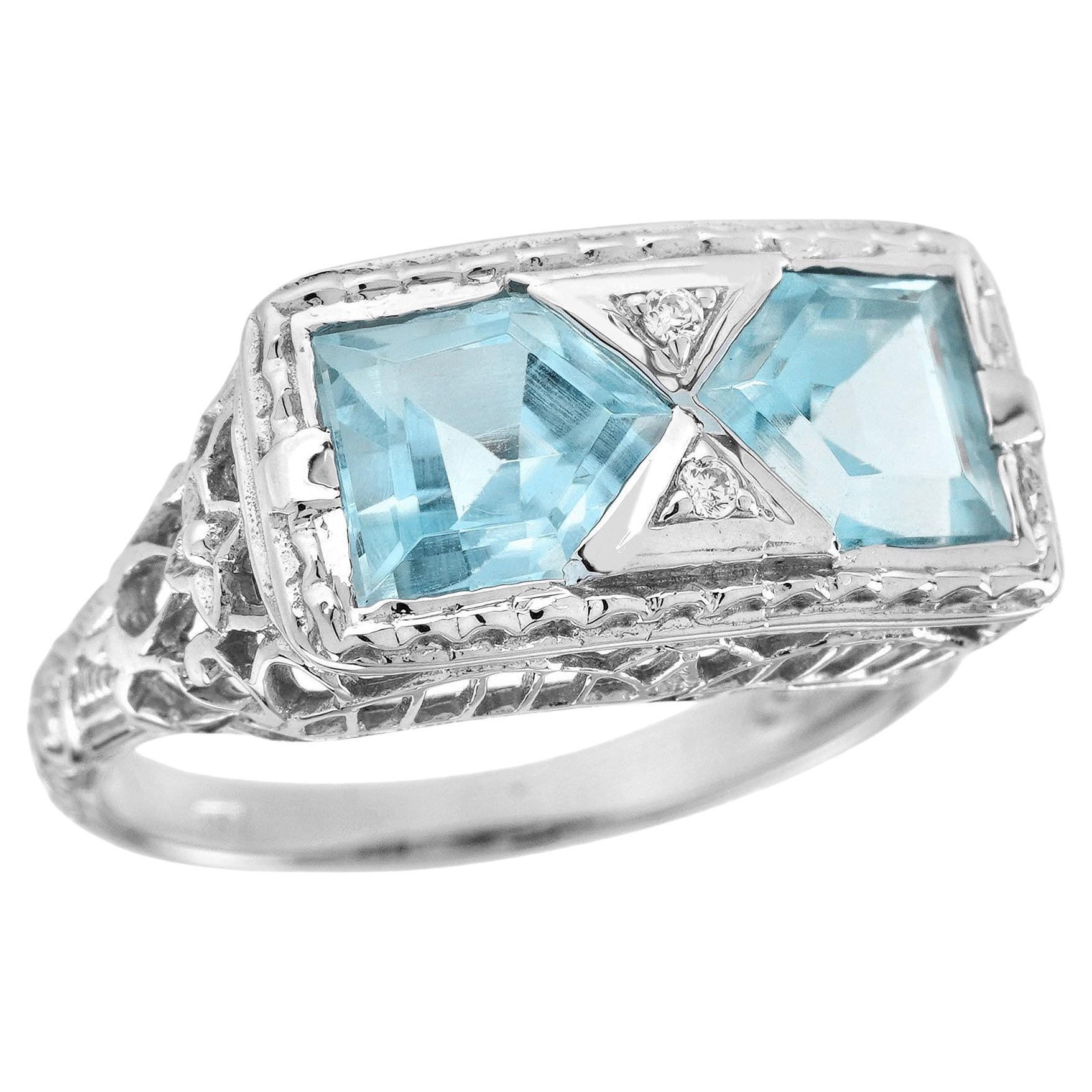14K White Gold Aquamarine and Diamond Vintage Style Duo Ring
