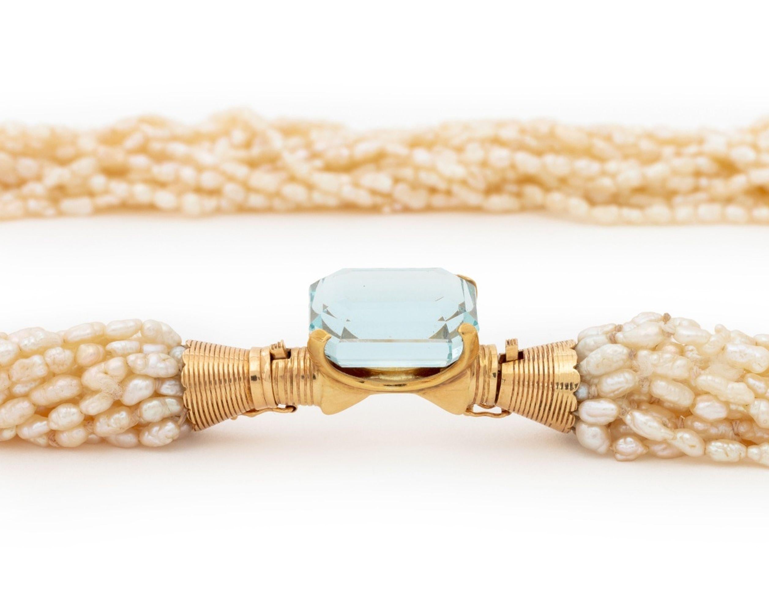 Taglio smeraldo 14K Gold Aquamarine Multi-Strand Pearl Necklace in vendita