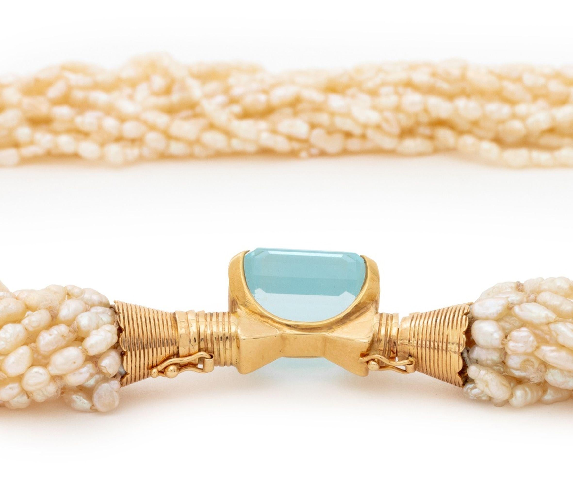 14K Gold Aquamarine Multi-Strand Pearl Necklace In condizioni buone in vendita a Queens, NY