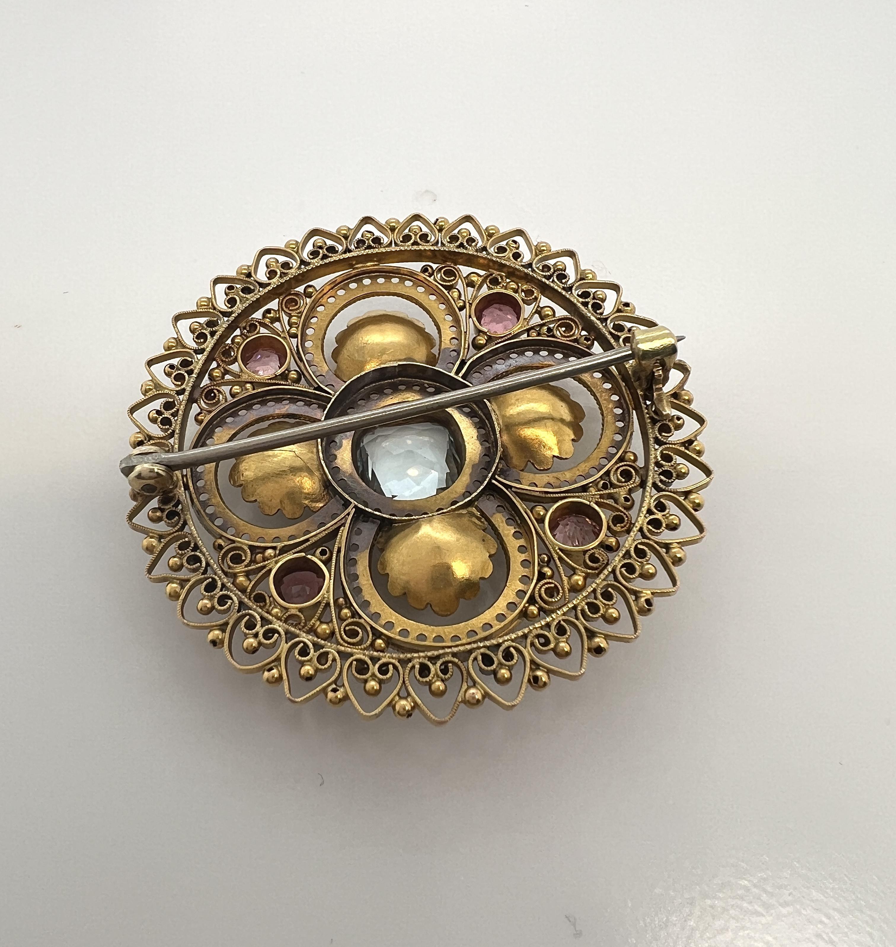 14K Gold, Aquamarine, Tourmaline, And Seed Pearl Brooch In condizioni ottime in vendita a New York, NY