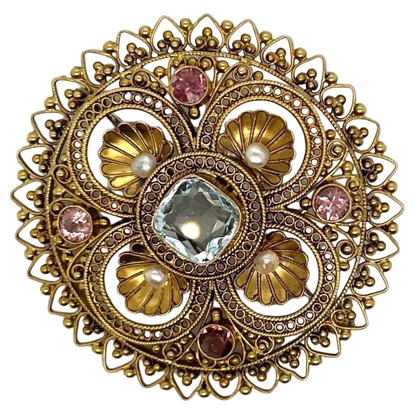 14K Gold, Aquamarine, Tourmaline, And Seed Pearl Brooch