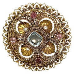 14K Gold, Aquamarine, Tourmaline, And Seed Pearl Brooch