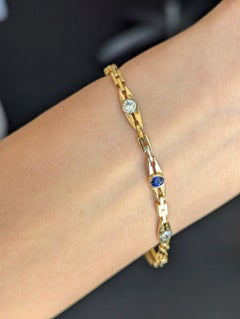 14K Gold Art Deco Blue Sapphire & Old European Cut Diamond Gate Link Bracelet