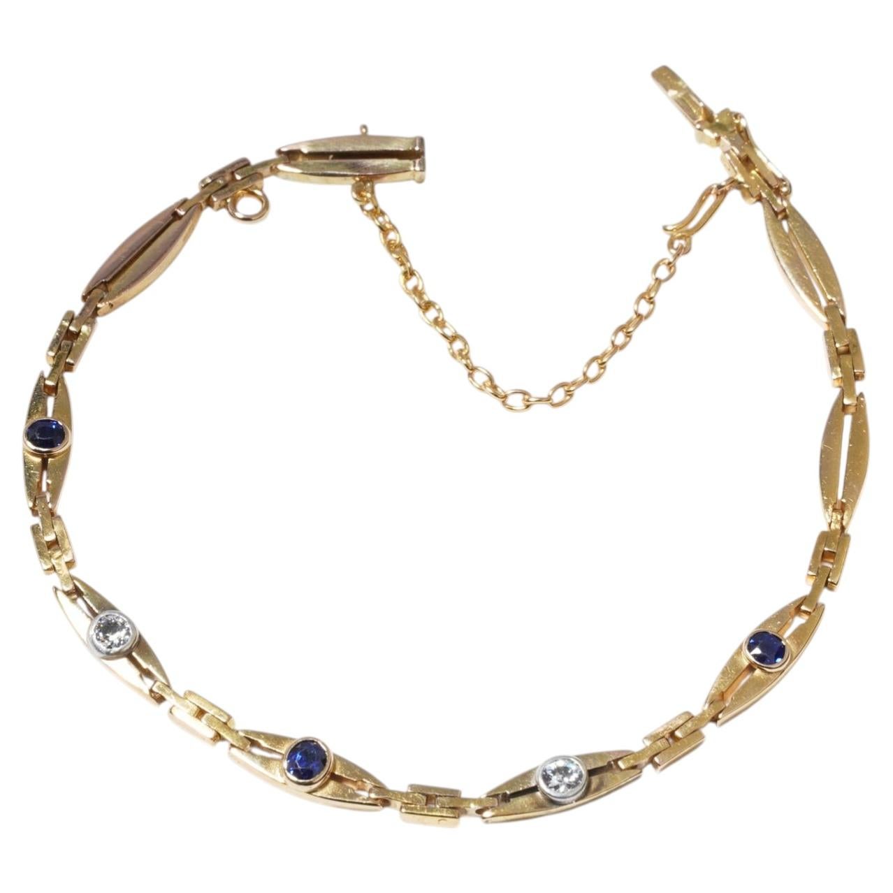 14K Gold Art Deco Blue Sapphire & Old European Cut Diamond Gate Link Bracelet