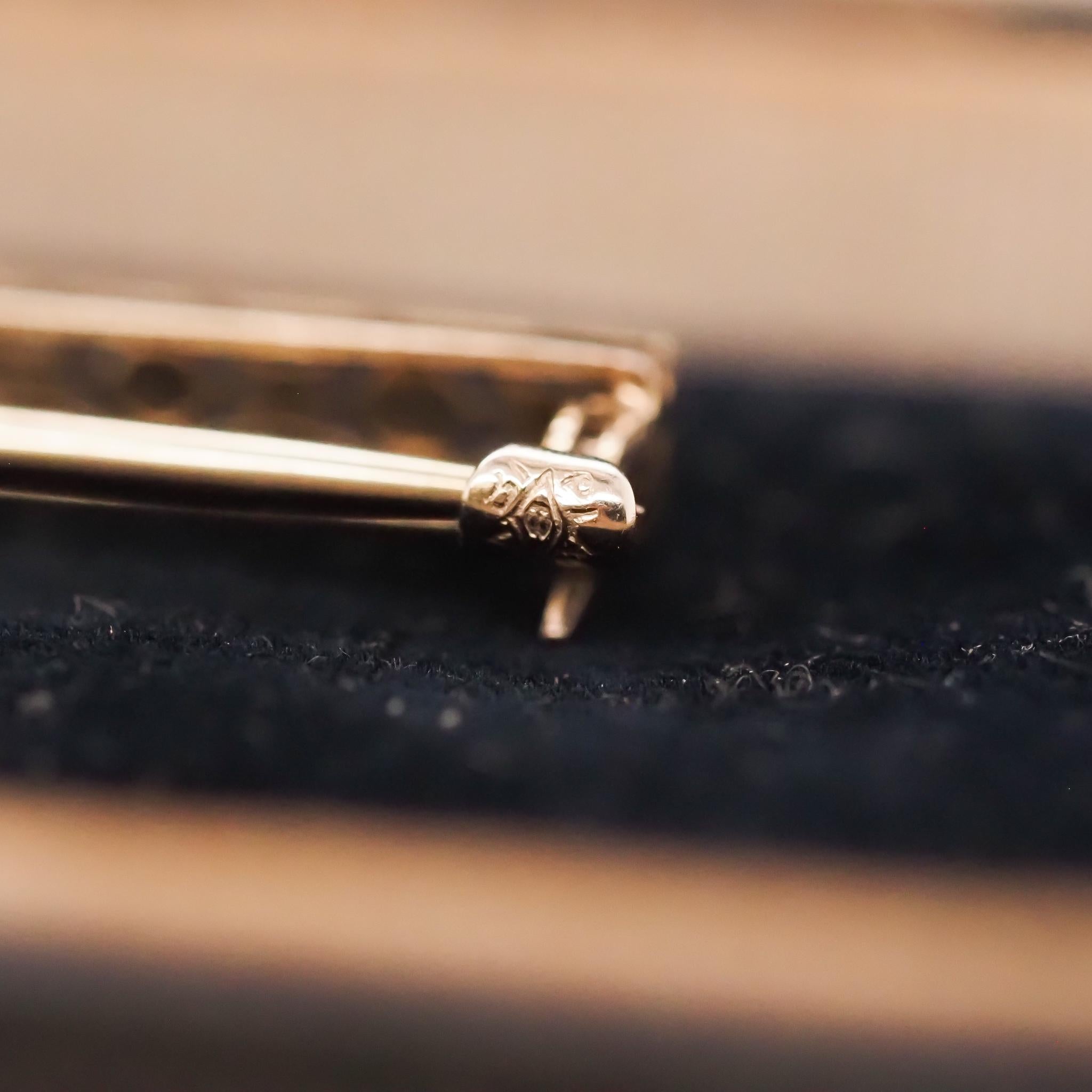 Old European Cut 14K Gold Art Deco Diamond Bar Brooch Pin with Filigree For Sale