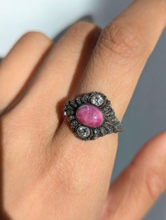 14k Gold Art Deco Pink Ruby Cabochon Brilliant & Rose Cut Pavé Diamond Ring