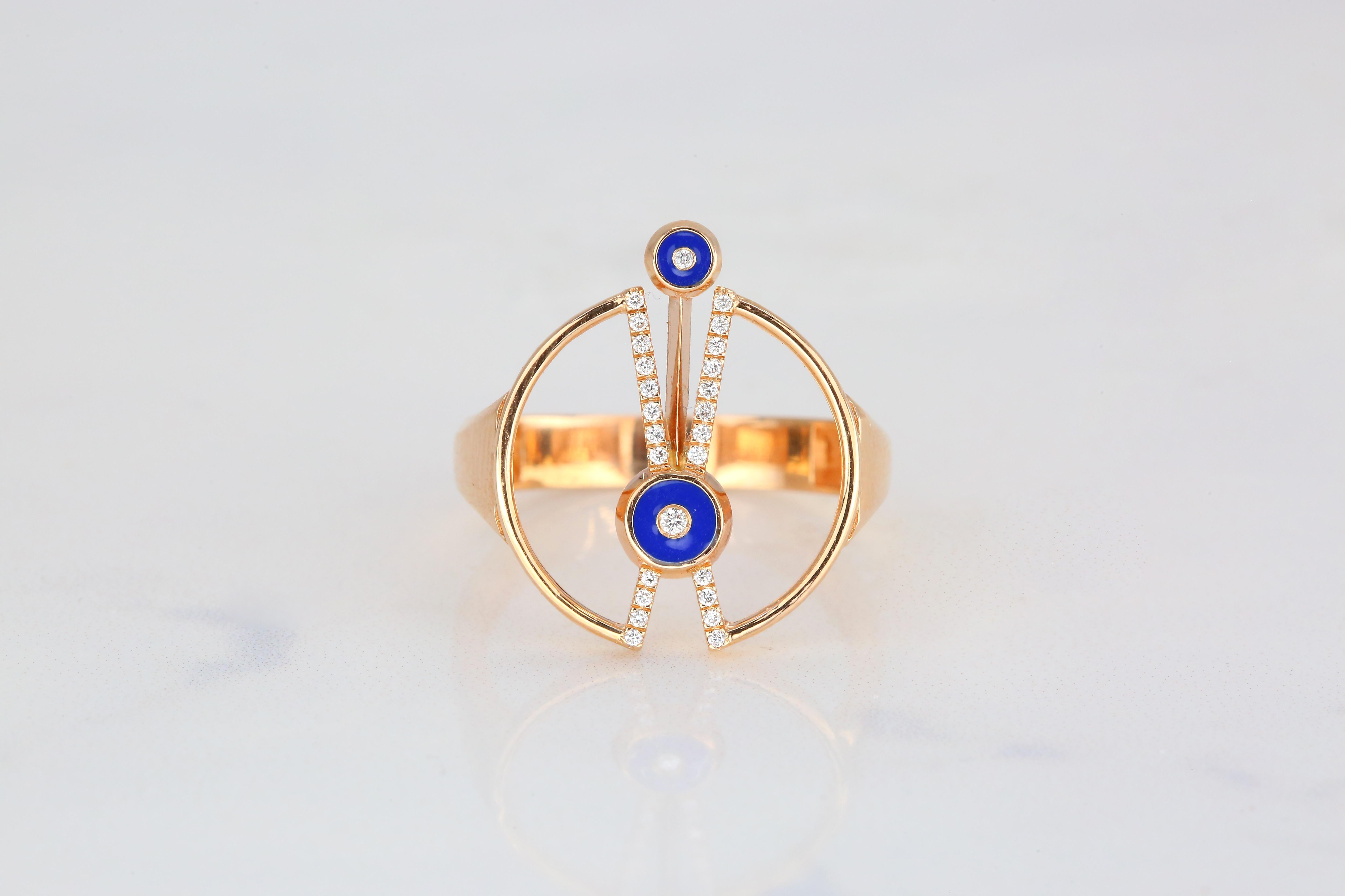 For Sale:  14K Gold Art Deco Style 0.18 Ct Diamond Lapis Enameled Cocktail Ring 7