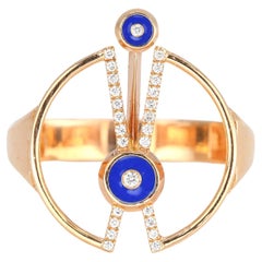 14K Gold Art Deco Style 0.18 Ct Diamond Lapis Enameled Cocktail Ring