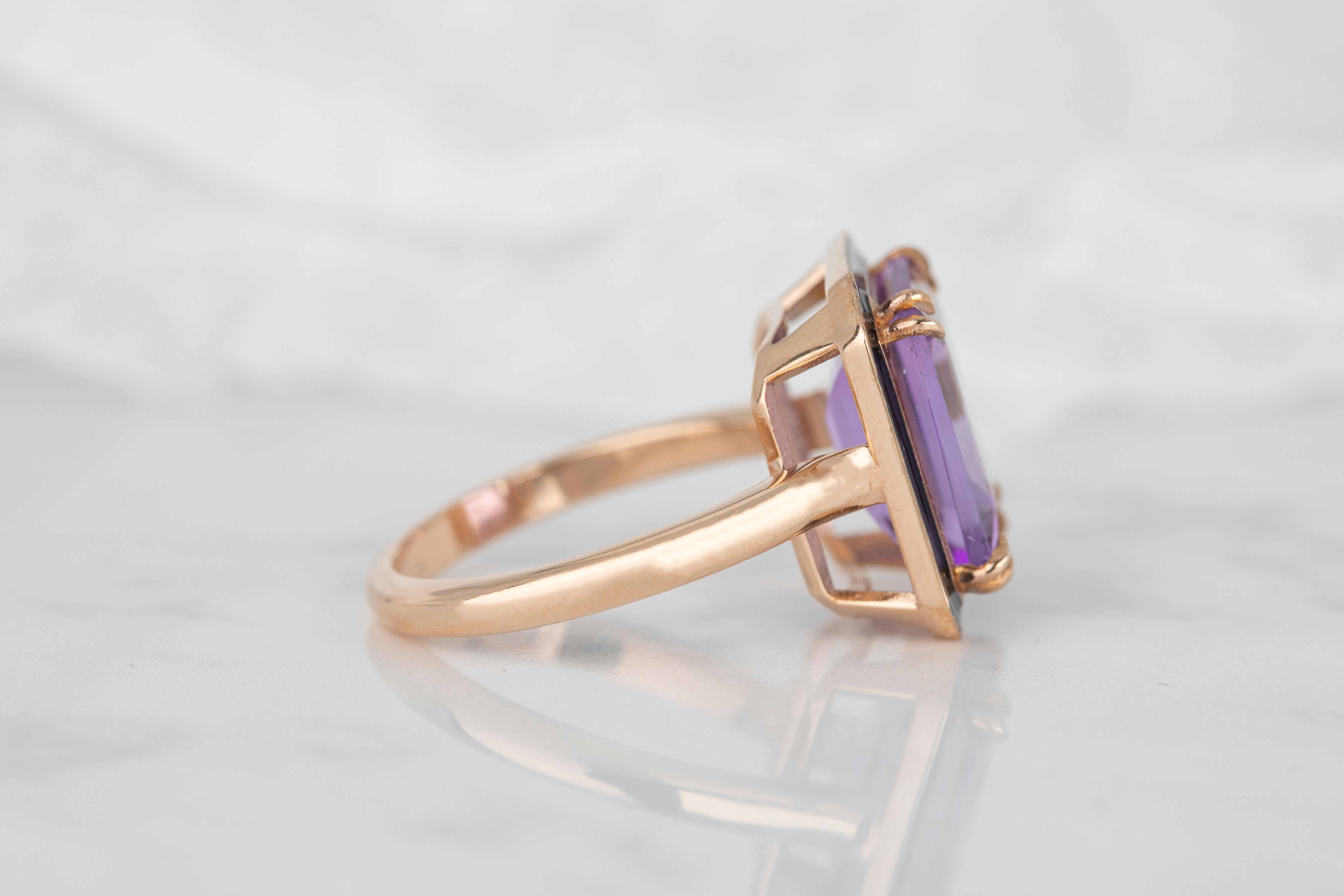 For Sale:  14K Gold Art Deco Style Black Enamelled 6.80 Ct. Amethyst 14K Gold Cocktail Ring 5