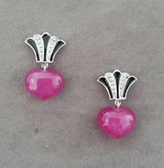 14k Gold Art Deco Style Heart Shape Rubies Diamonds Black Enamel Dangle Earrings