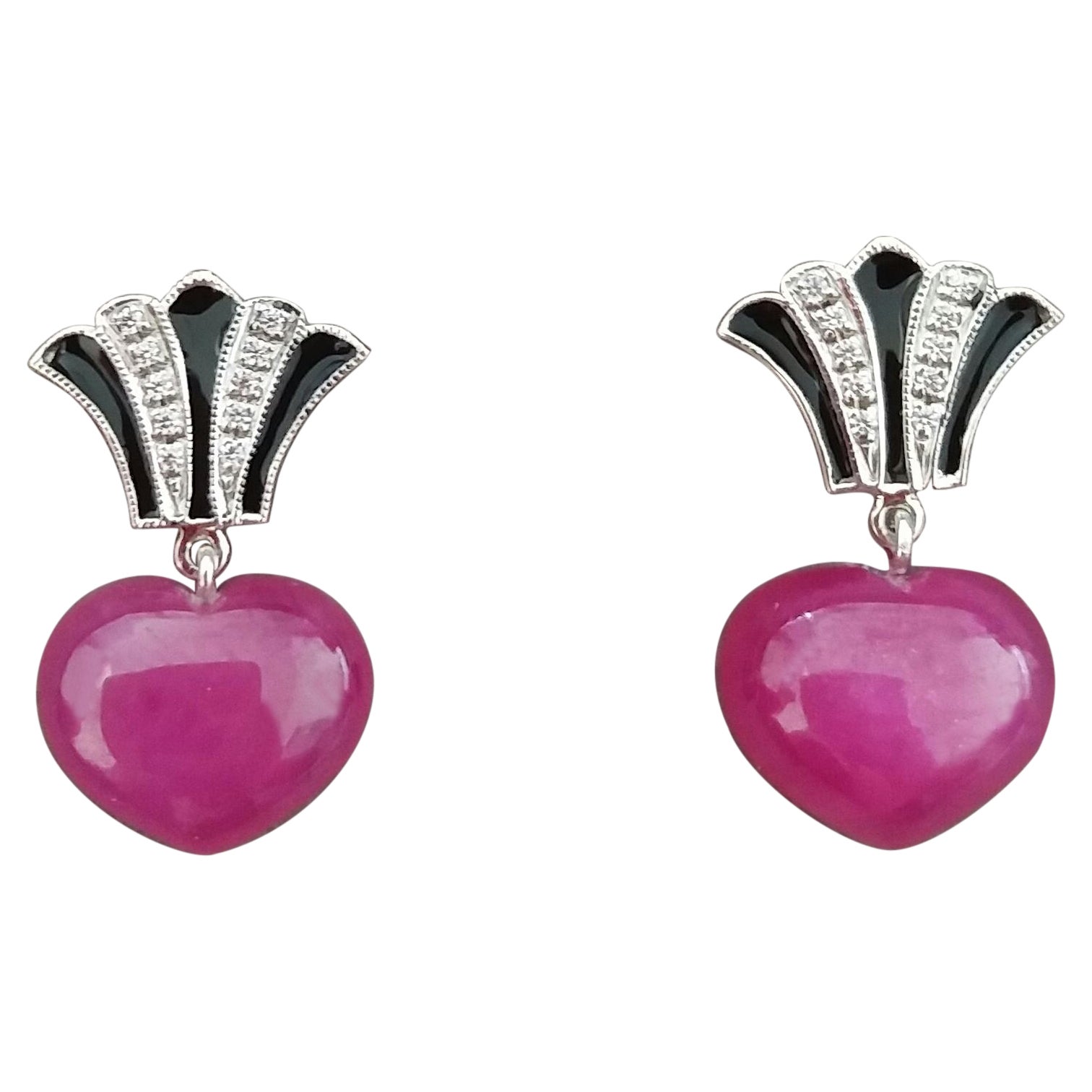14k Gold Art Deco Style Heart Shape Rubies Diamonds Black Enamel Dangle Earrings