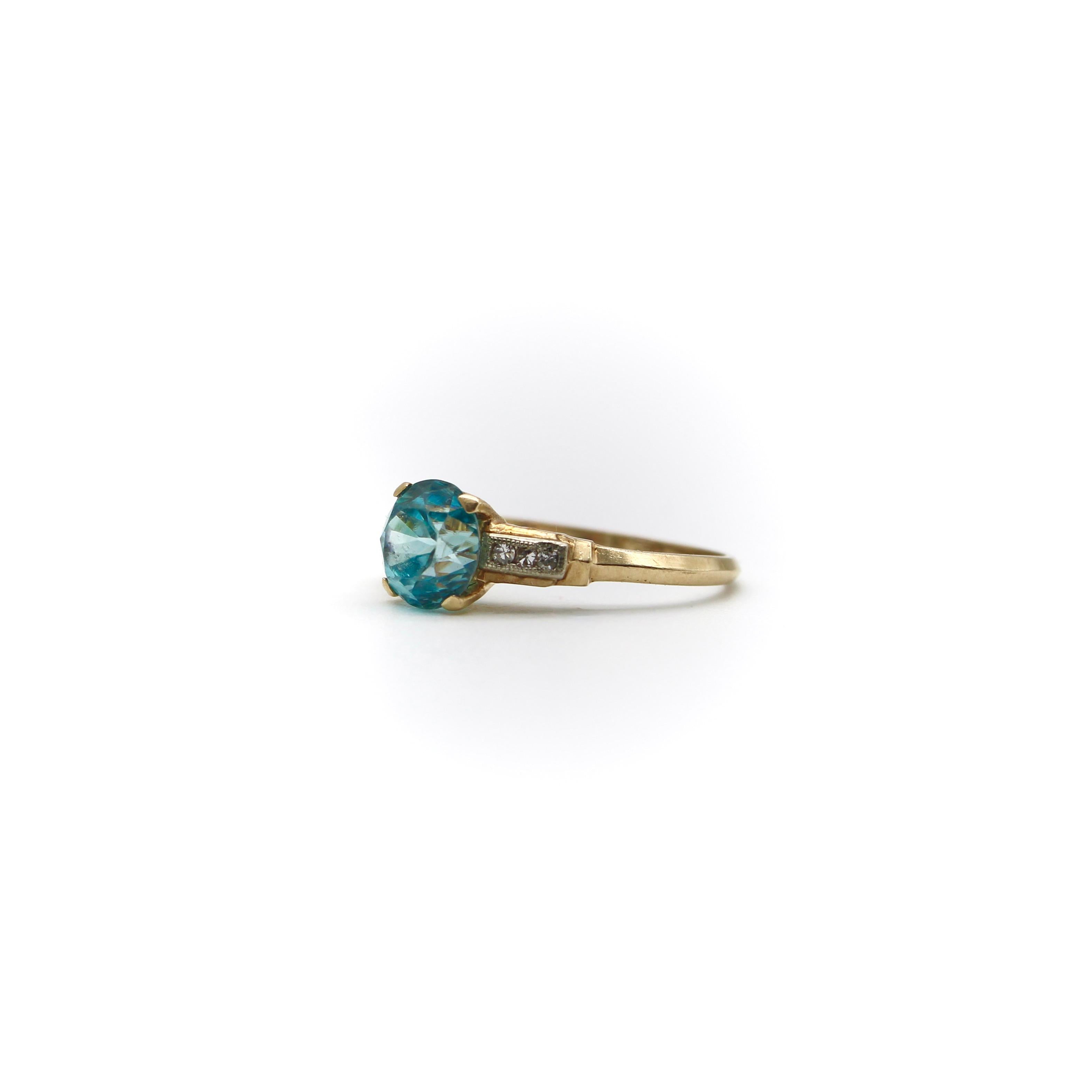 14K Gold Art Deco Solitär-Ring mit Zirkon und Diamant im Zustand „Gut“ in Venice, CA