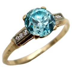 14K Gold Art Deco Zircon and Diamond Solitaire Ring 