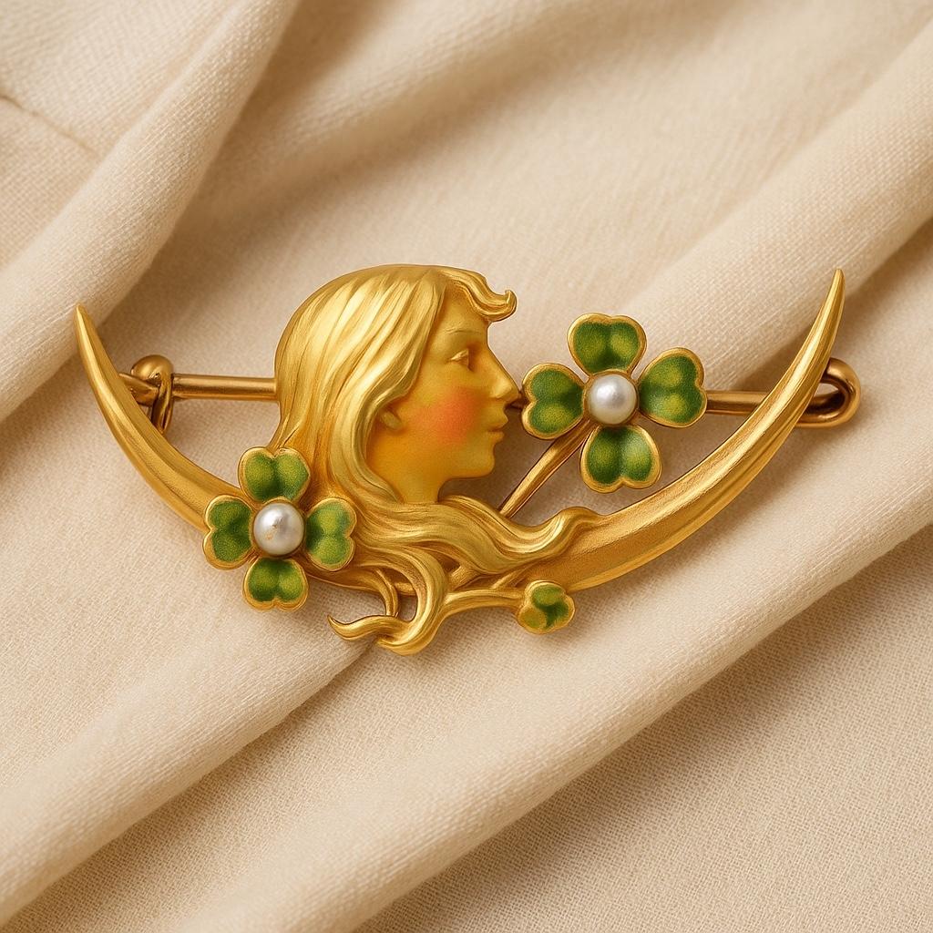 14K Gold Art Nouveau Stick Pin with Enamel and Pearl Accents Early 20th Century For Sale 6