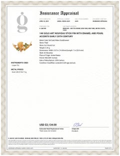 14K Gold Art Nouveau Stick Pin with Enamel and Pearl Accents Early 20th Century