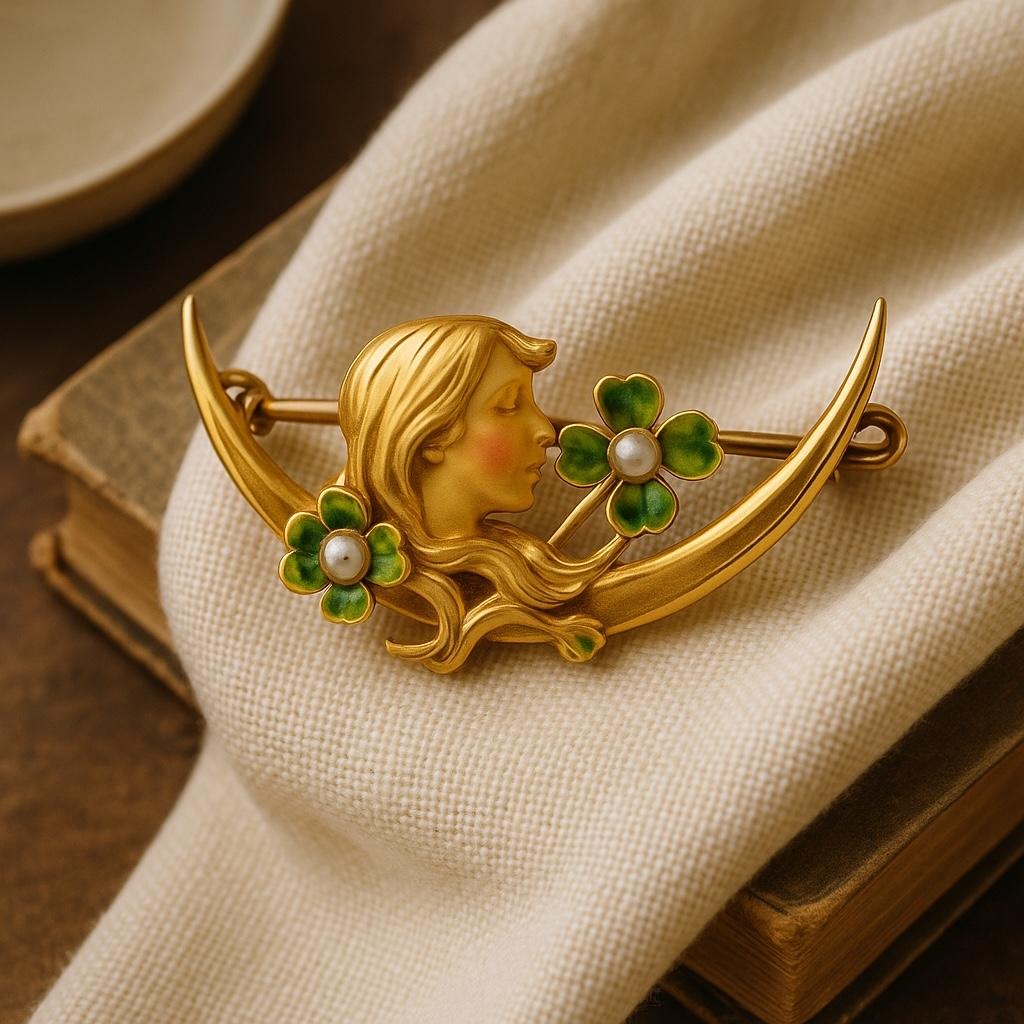 14K Gold Art Nouveau Stick Pin with Enamel and Pearl Accents Early 20th Century In Good Condition For Sale In New York, NY