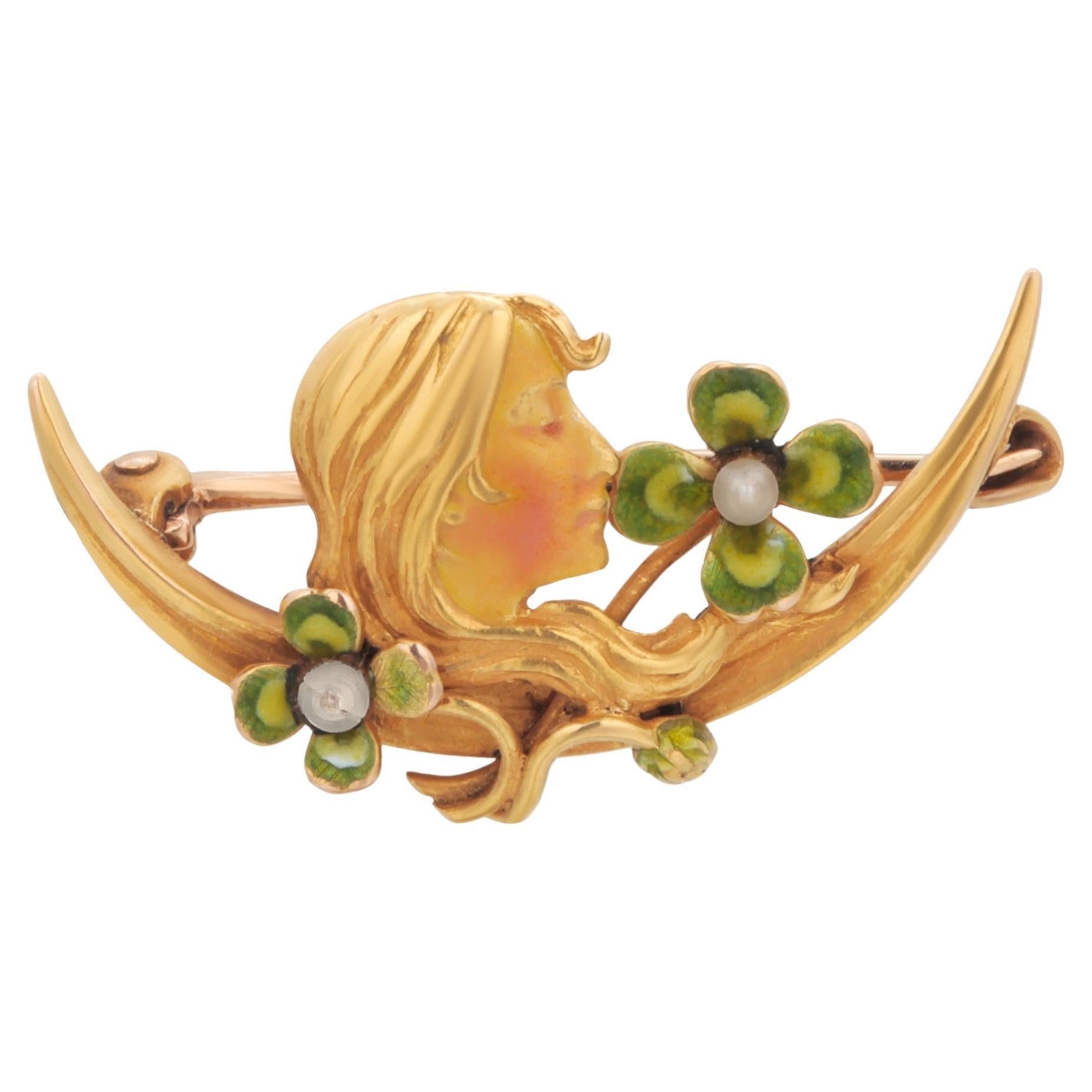 14K Gold Art Nouveau Stick Pin with Enamel and Pearl Accents Early 20th Century For Sale