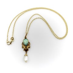 14K Gold Art Nouveau Turquoise Drop Pendant with Mississippi Pearl