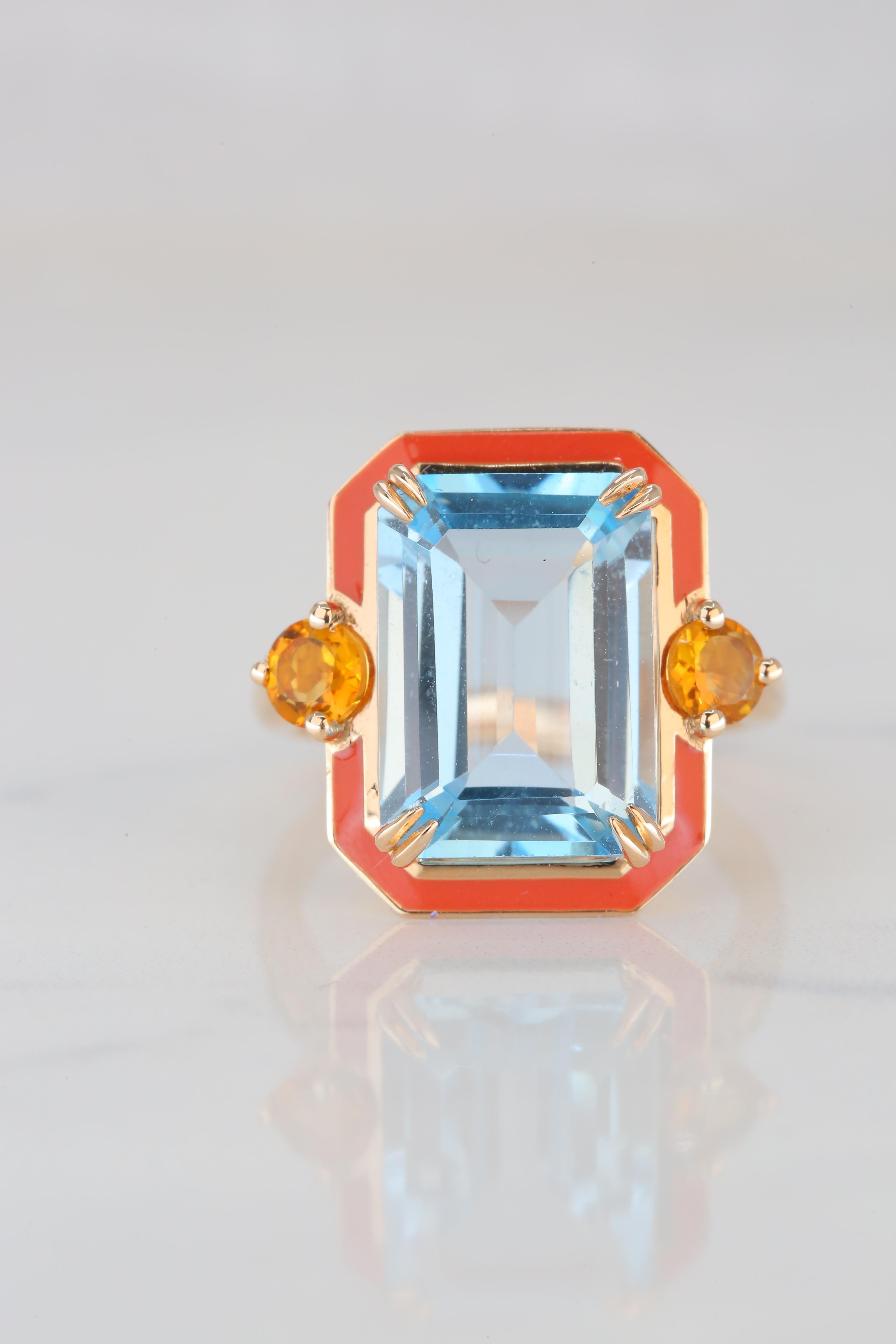 For Sale:  14K Gold Artdeco Style Enameled Cocktail Ring with 5.68 Ct Sky Topaz and Citrine 10