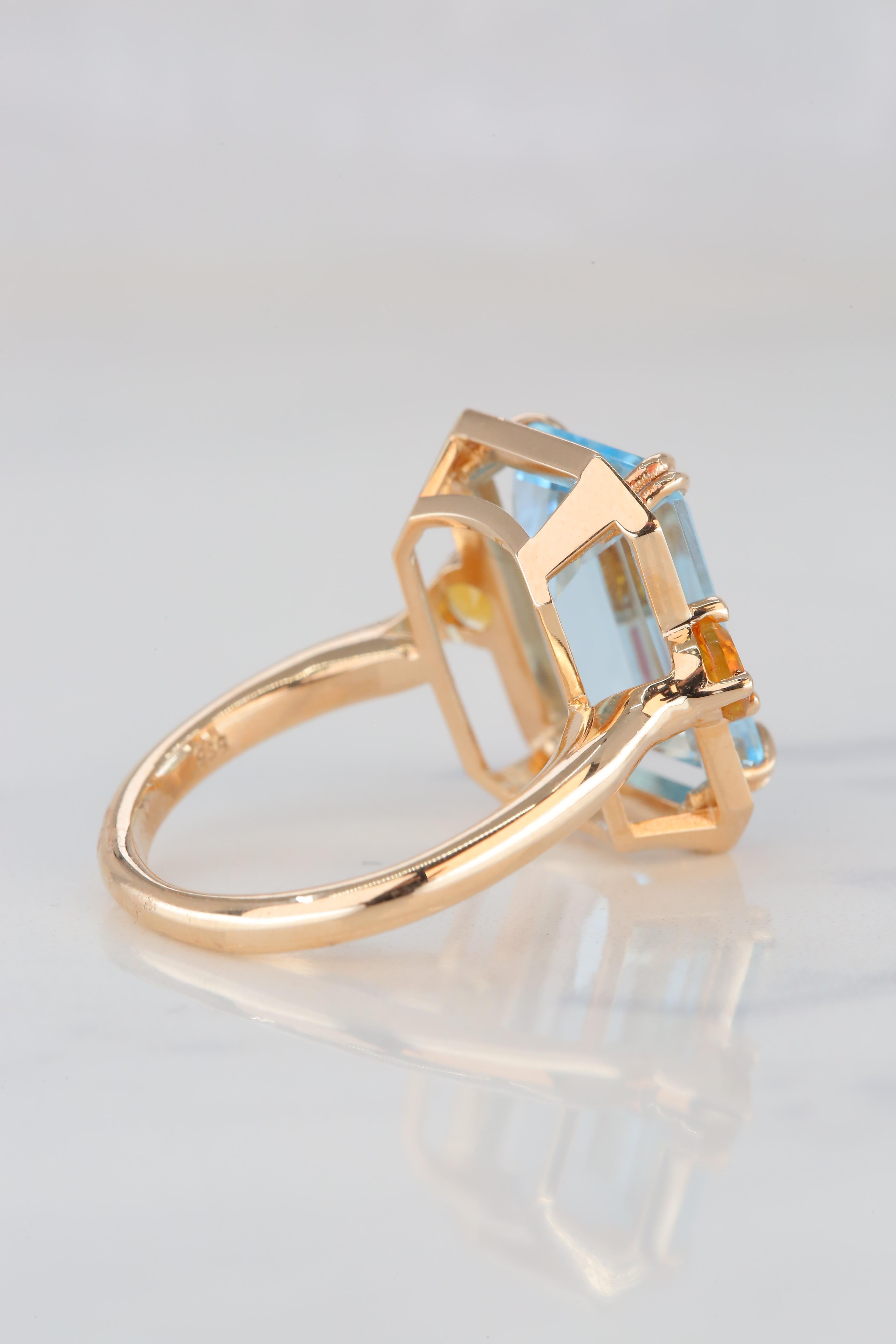 For Sale:  14K Gold Artdeco Style Enameled Cocktail Ring with 5.68 Ct Sky Topaz and Citrine 11