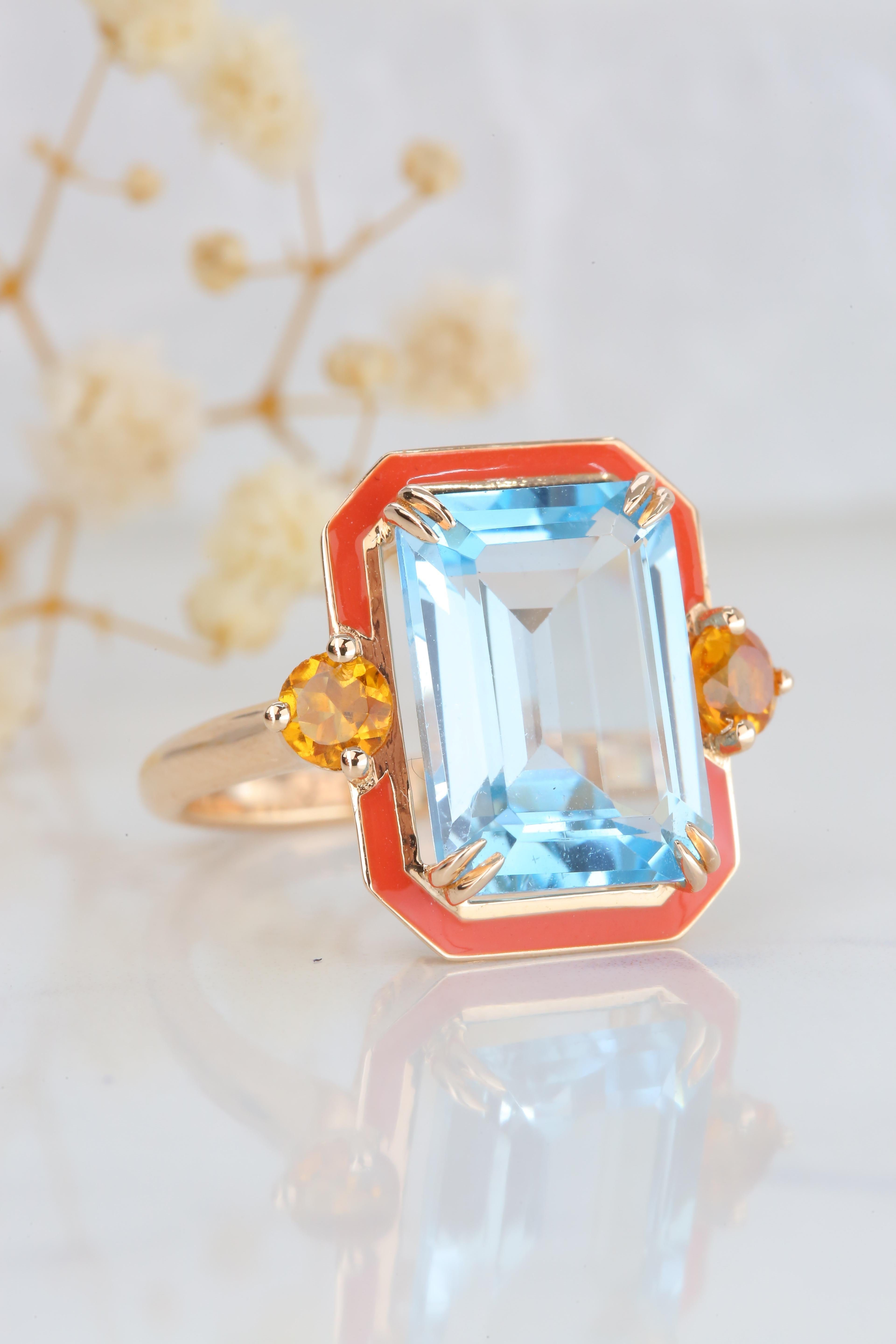 For Sale:  14K Gold Artdeco Style Enameled Cocktail Ring with 5.68 Ct Sky Topaz and Citrine 3