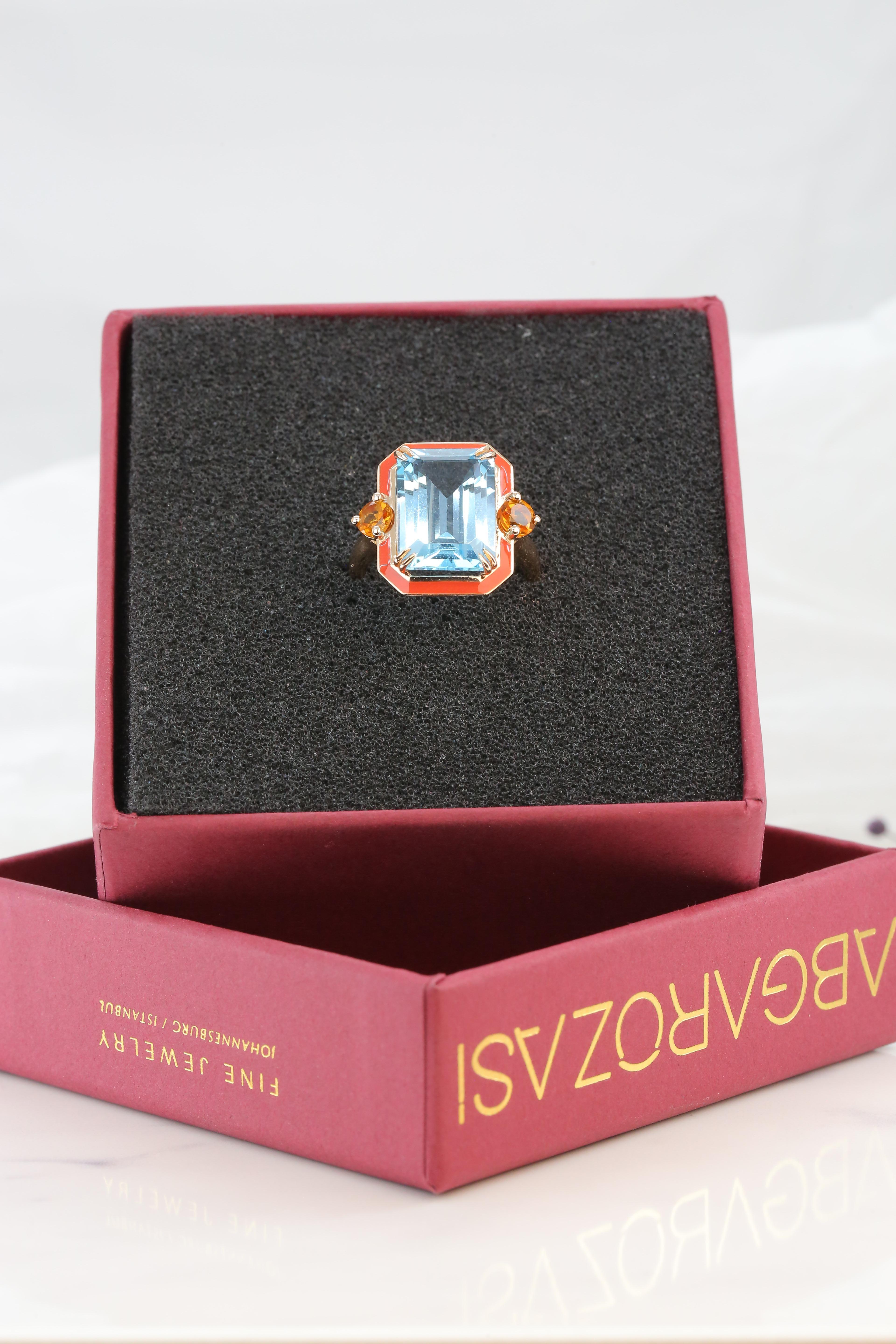 For Sale:  14K Gold Artdeco Style Enameled Cocktail Ring with 5.68 Ct Sky Topaz and Citrine 5