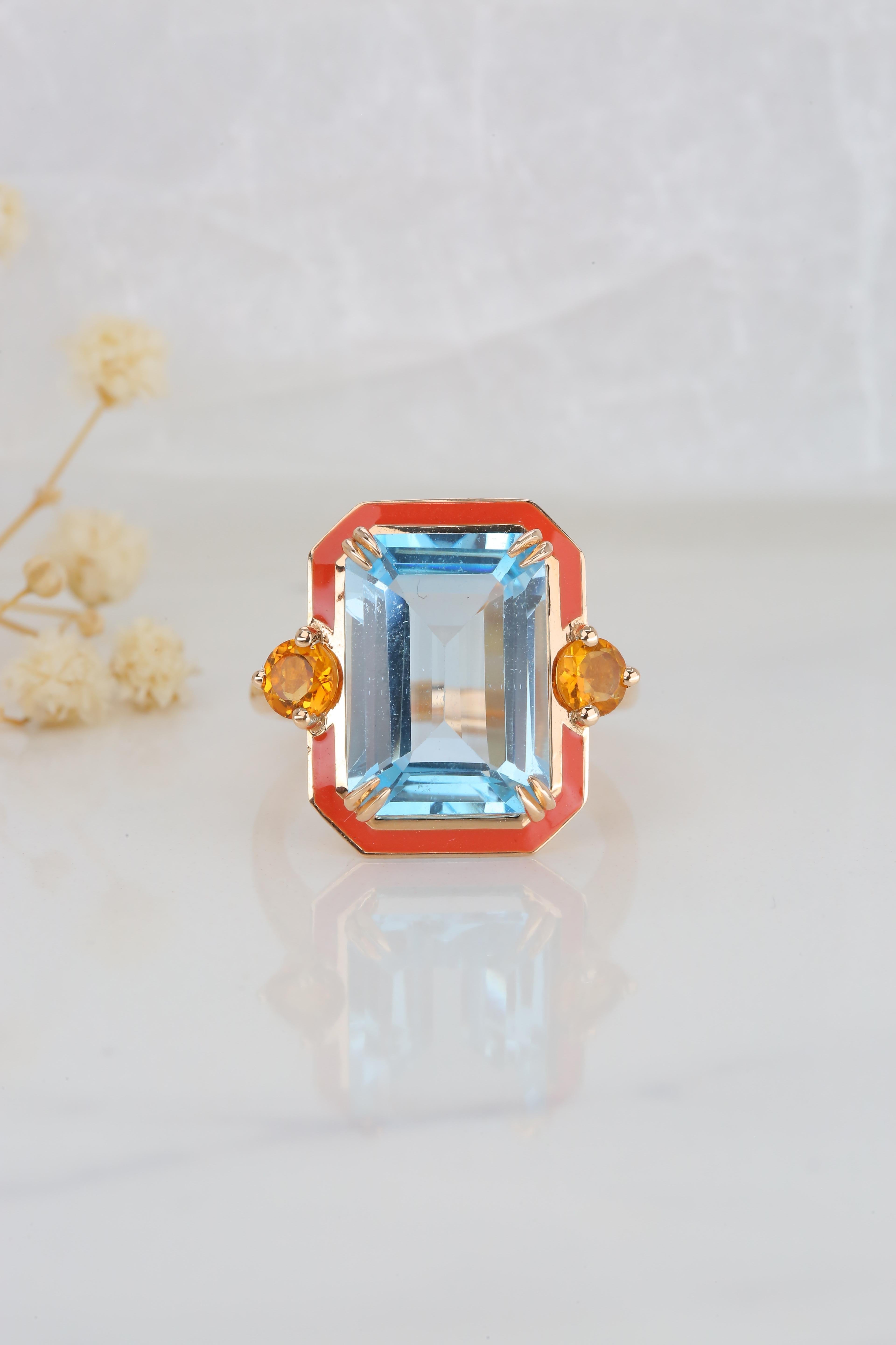 For Sale:  14K Gold Artdeco Style Enameled Cocktail Ring with 5.68 Ct Sky Topaz and Citrine 6
