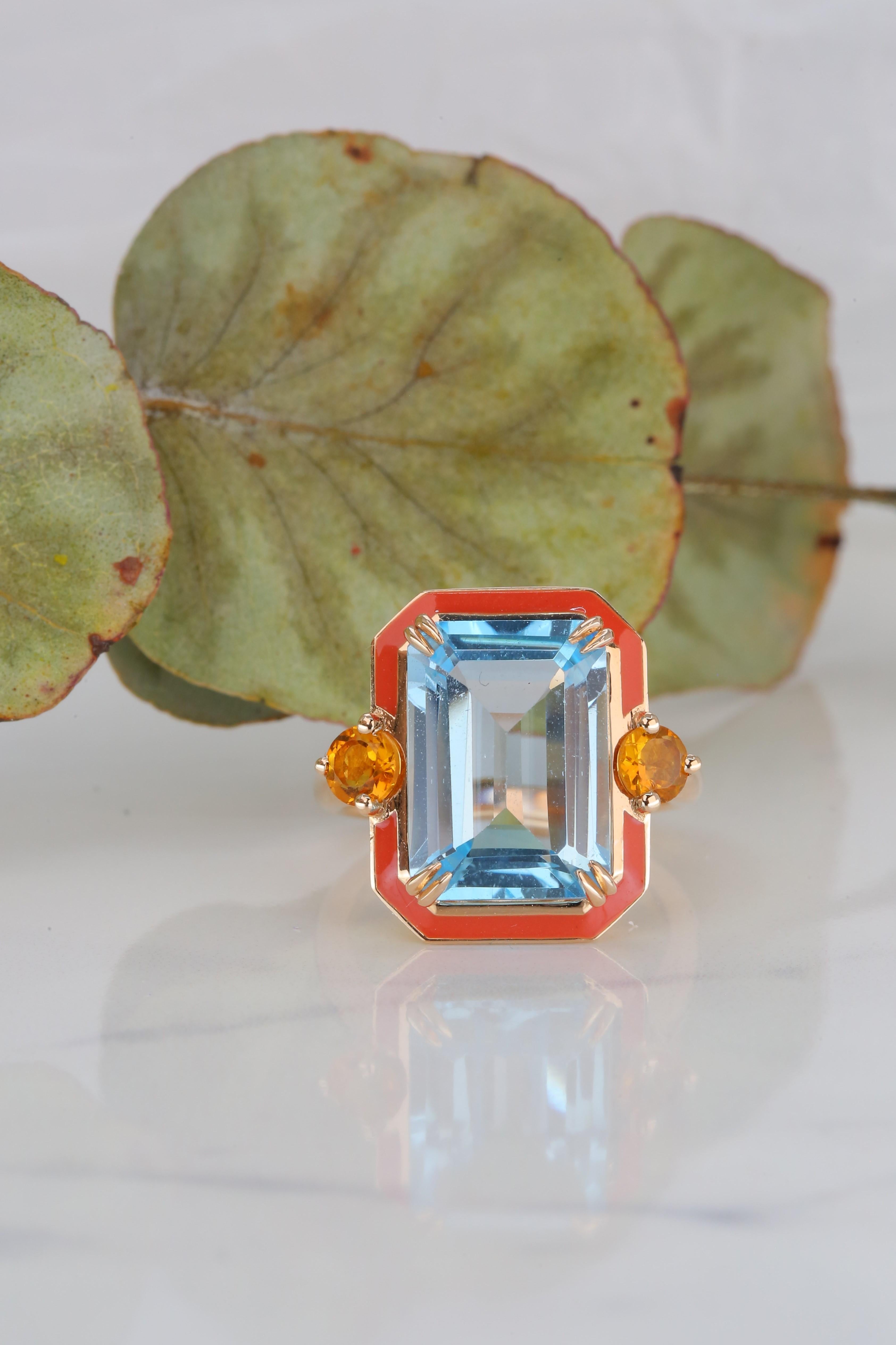 For Sale:  14K Gold Artdeco Style Enameled Cocktail Ring with 5.68 Ct Sky Topaz and Citrine 7