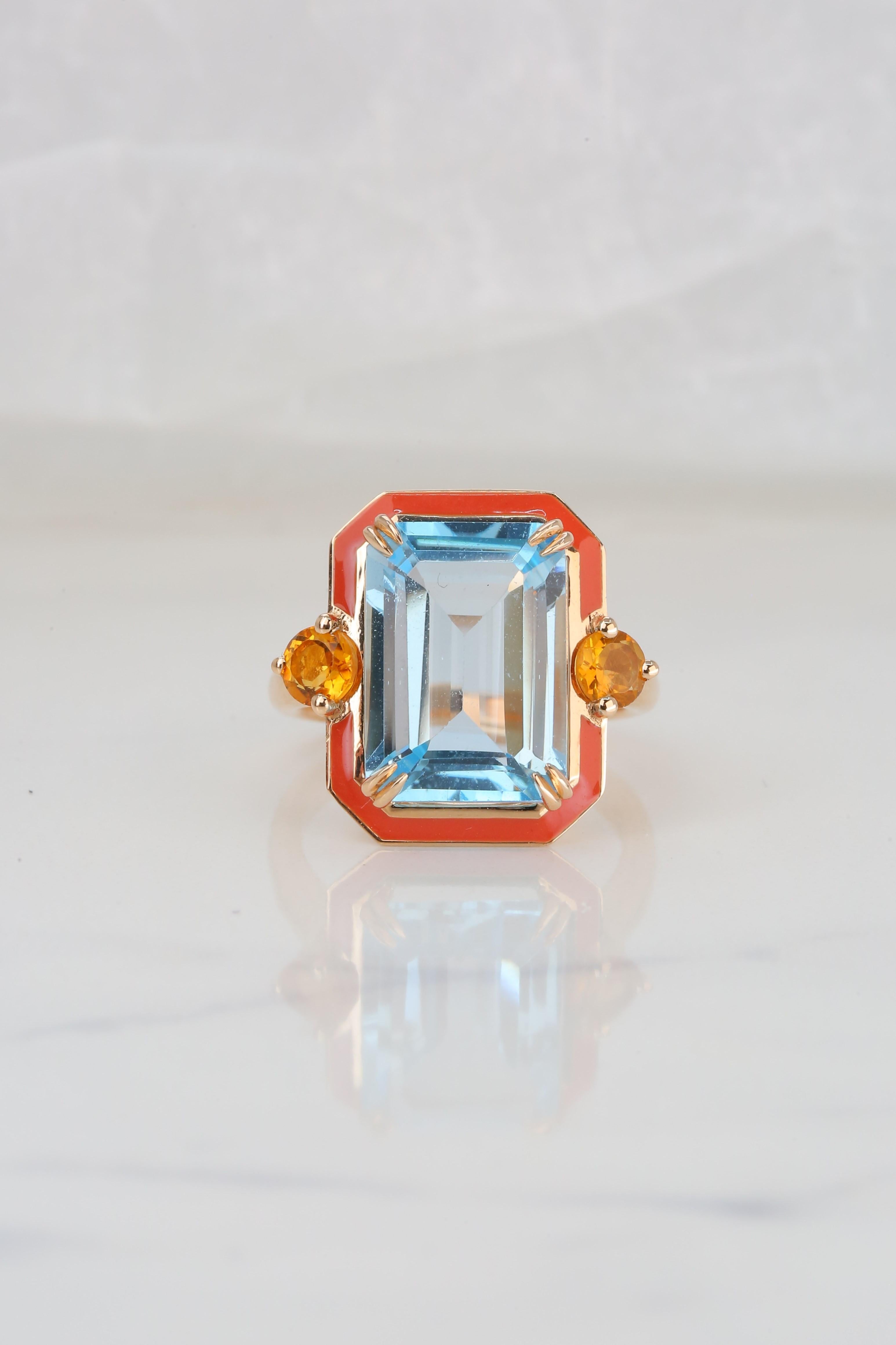 For Sale:  14K Gold Artdeco Style Enameled Cocktail Ring with 5.68 Ct Sky Topaz and Citrine 8