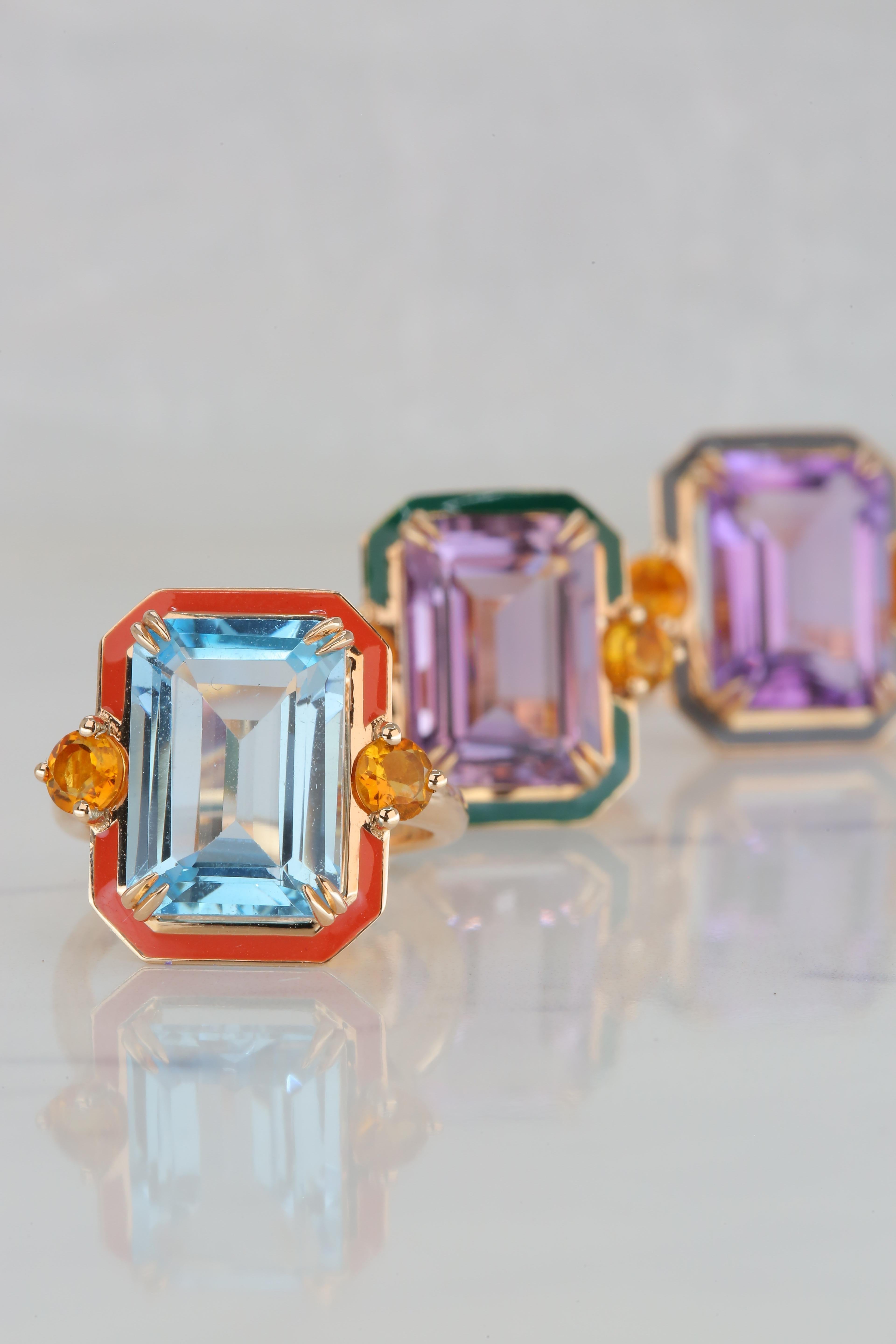 For Sale:  14K Gold Artdeco Style Enameled Cocktail Ring with 5.68 Ct Sky Topaz and Citrine 9