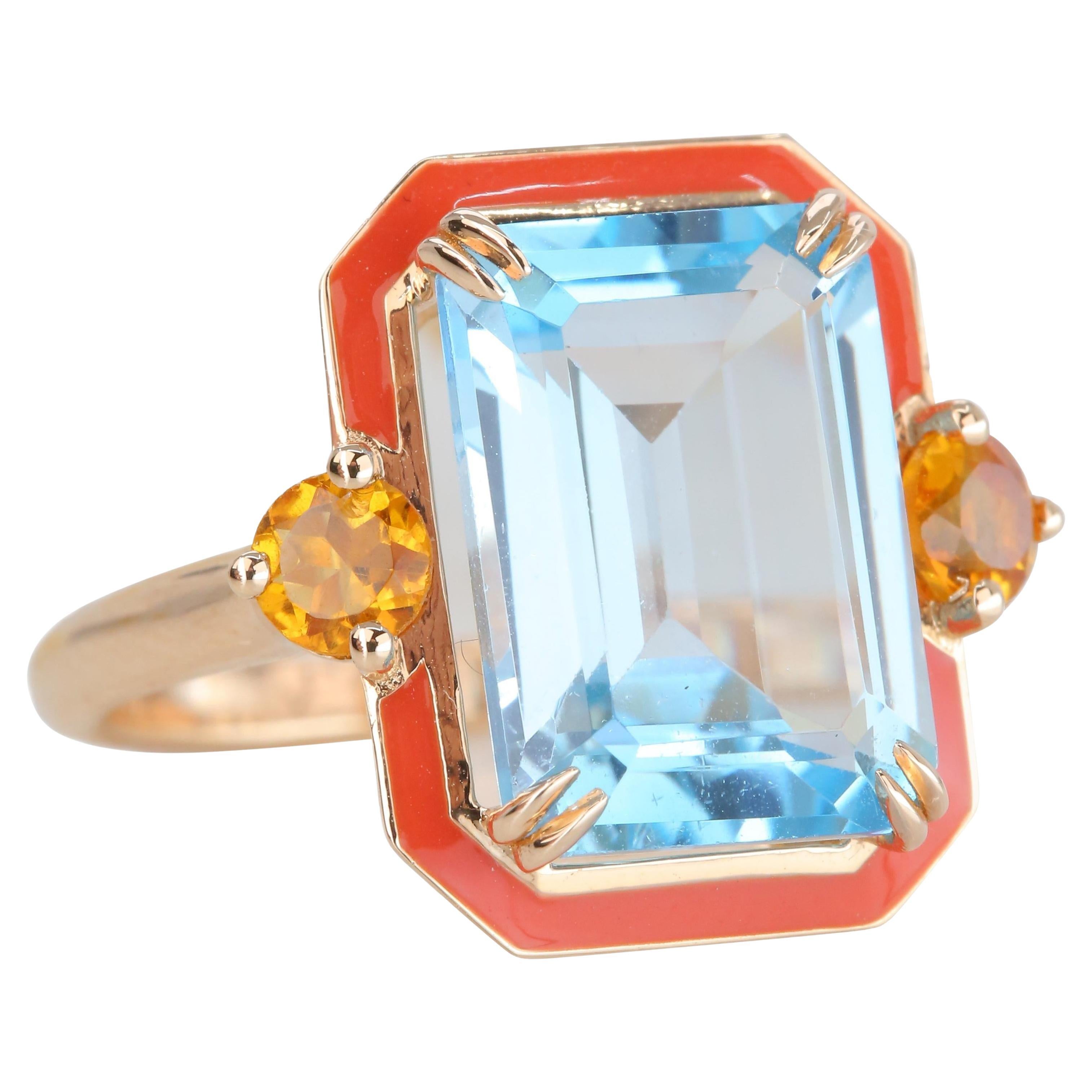 Bague cocktail en or 14 carats de style Artdeco émaillé avec topaze ciel et citrine de 5,68 carats