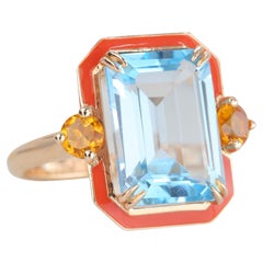 14K Gold Artdeco Style Enameled Cocktail Ring with 5.68 Ct Sky Topaz and Citrine