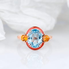 14K Gold Artdeco Style Enameled Cocktail Ring with Sky Topaz and Citrine Stone