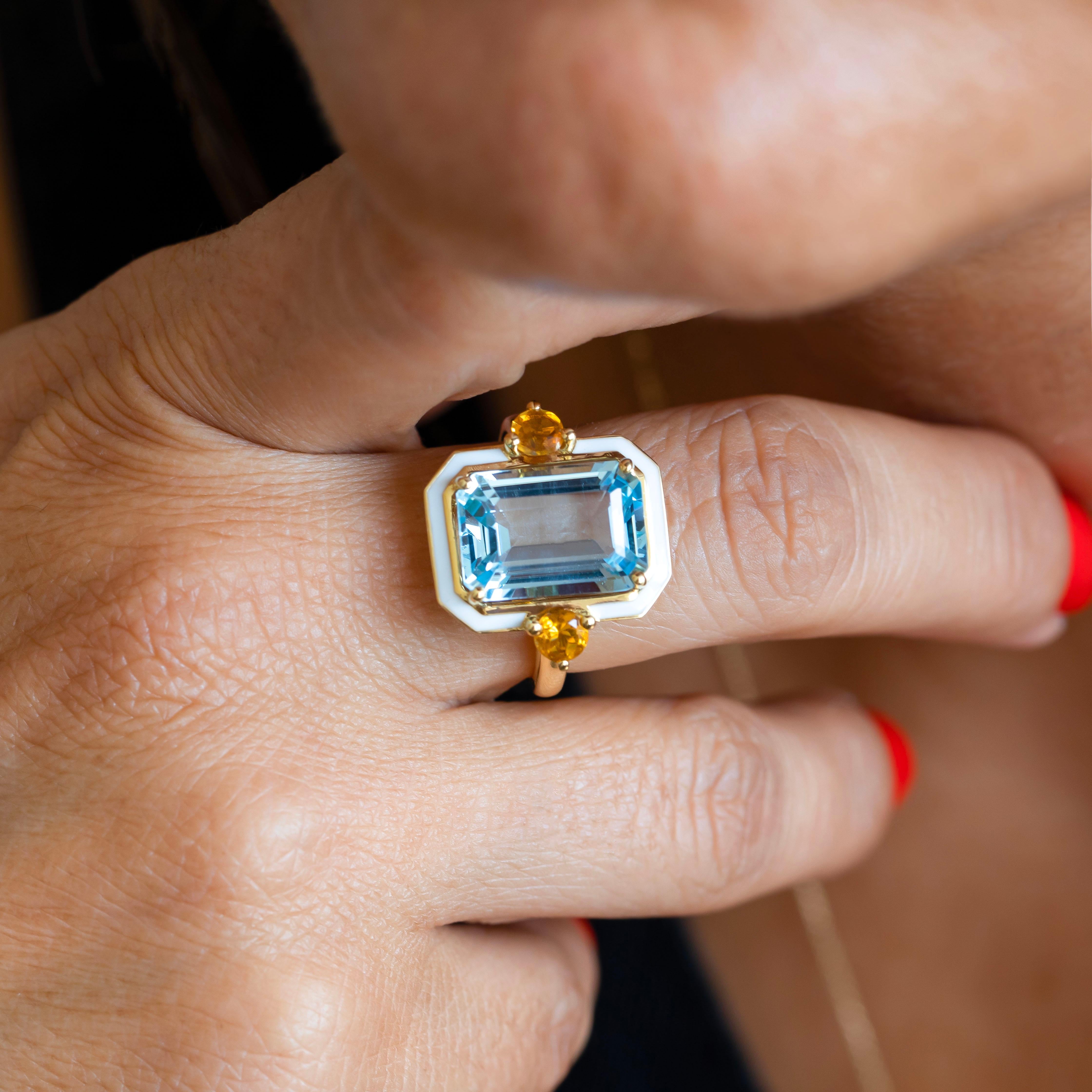 Art Deco 14K Gold Artdeco Style Enameled Cocktail Ring with Sky Topaz and Citrine Stone For Sale