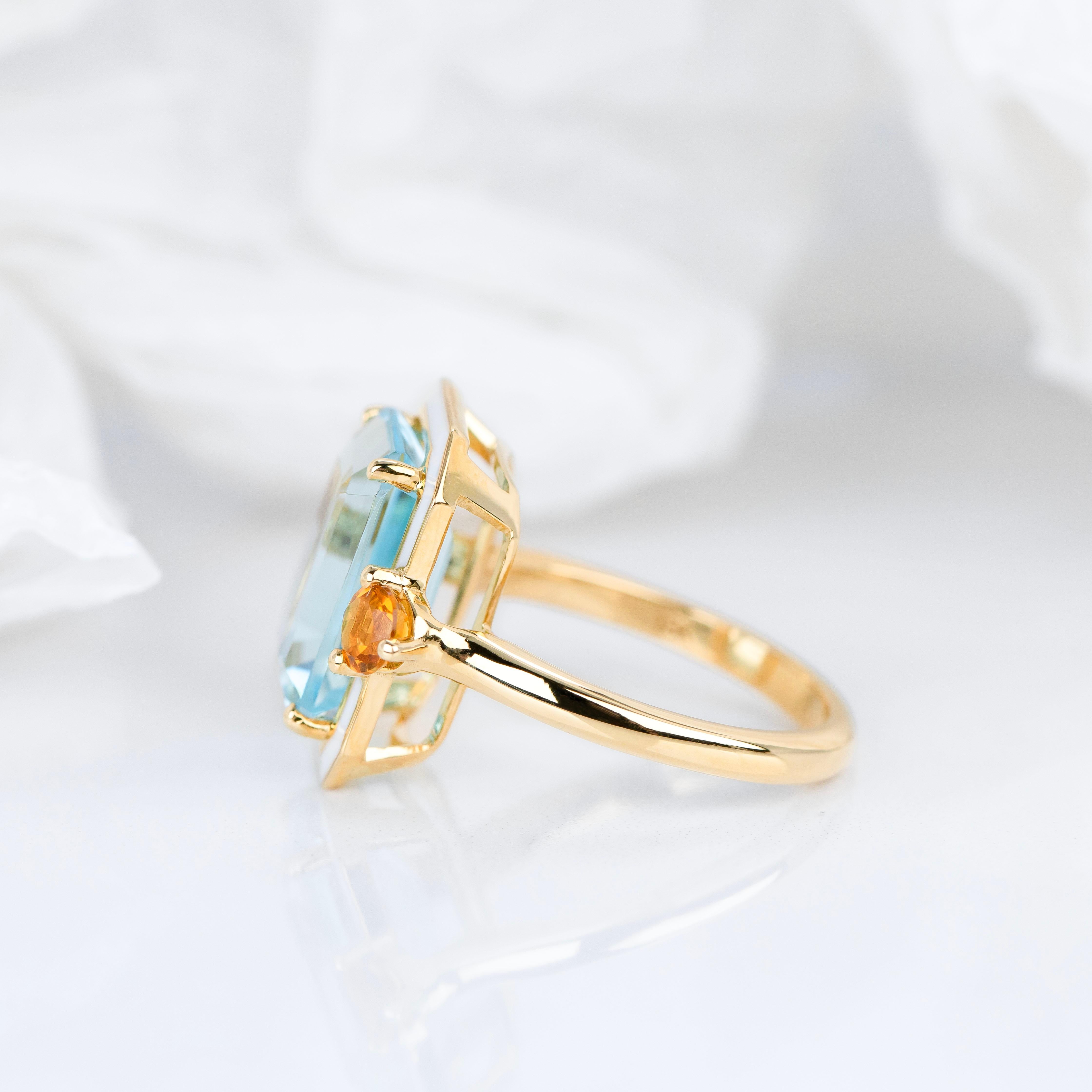14K Gold Artdeco Style Enameled Cocktail Ring with Sky Topaz and Citrine Stone In New Condition For Sale In ISTANBUL, TR