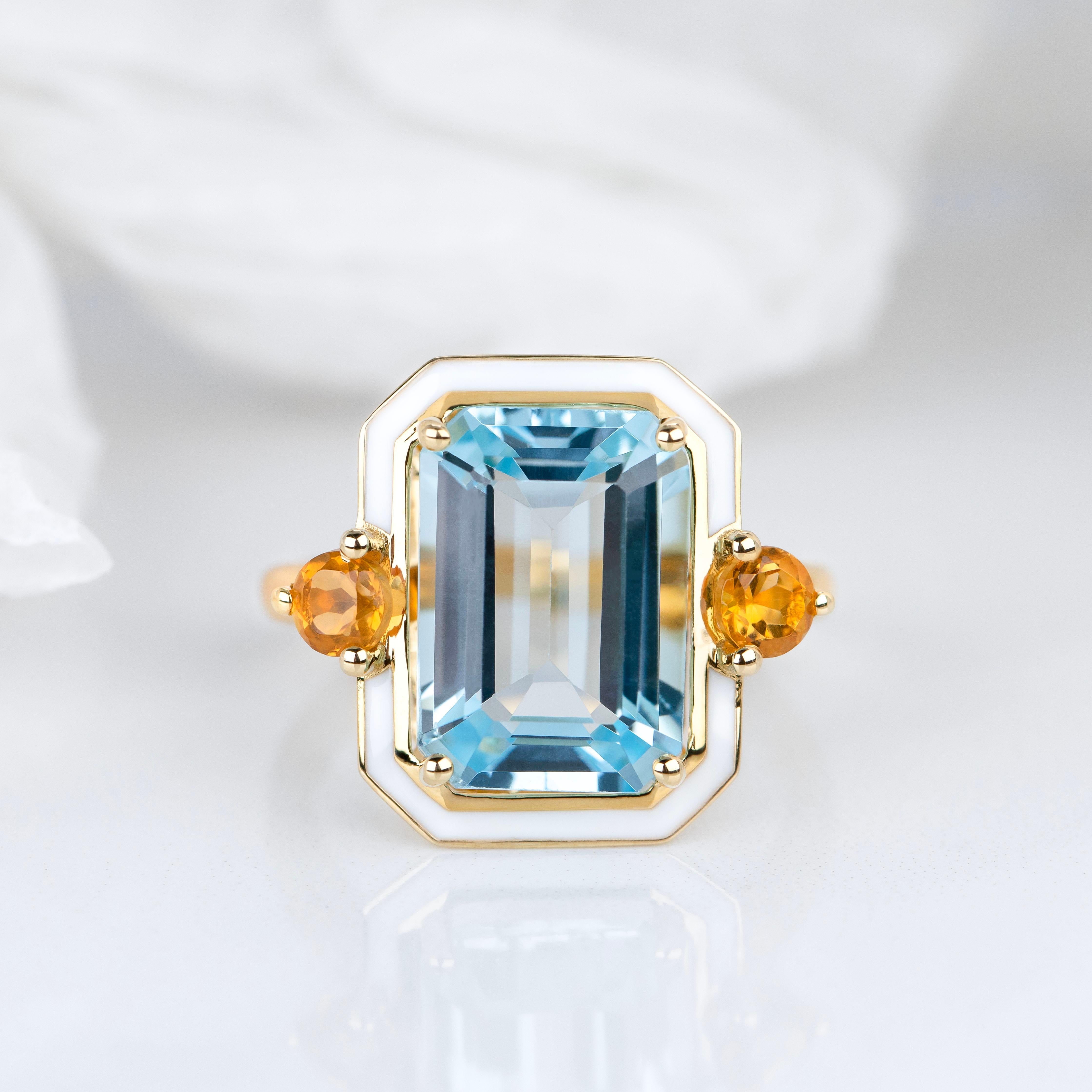 Emerald Cut 14K Gold Artdeco Style Enameled Cocktail Ring with Sky Topaz and Citrine Stone For Sale
