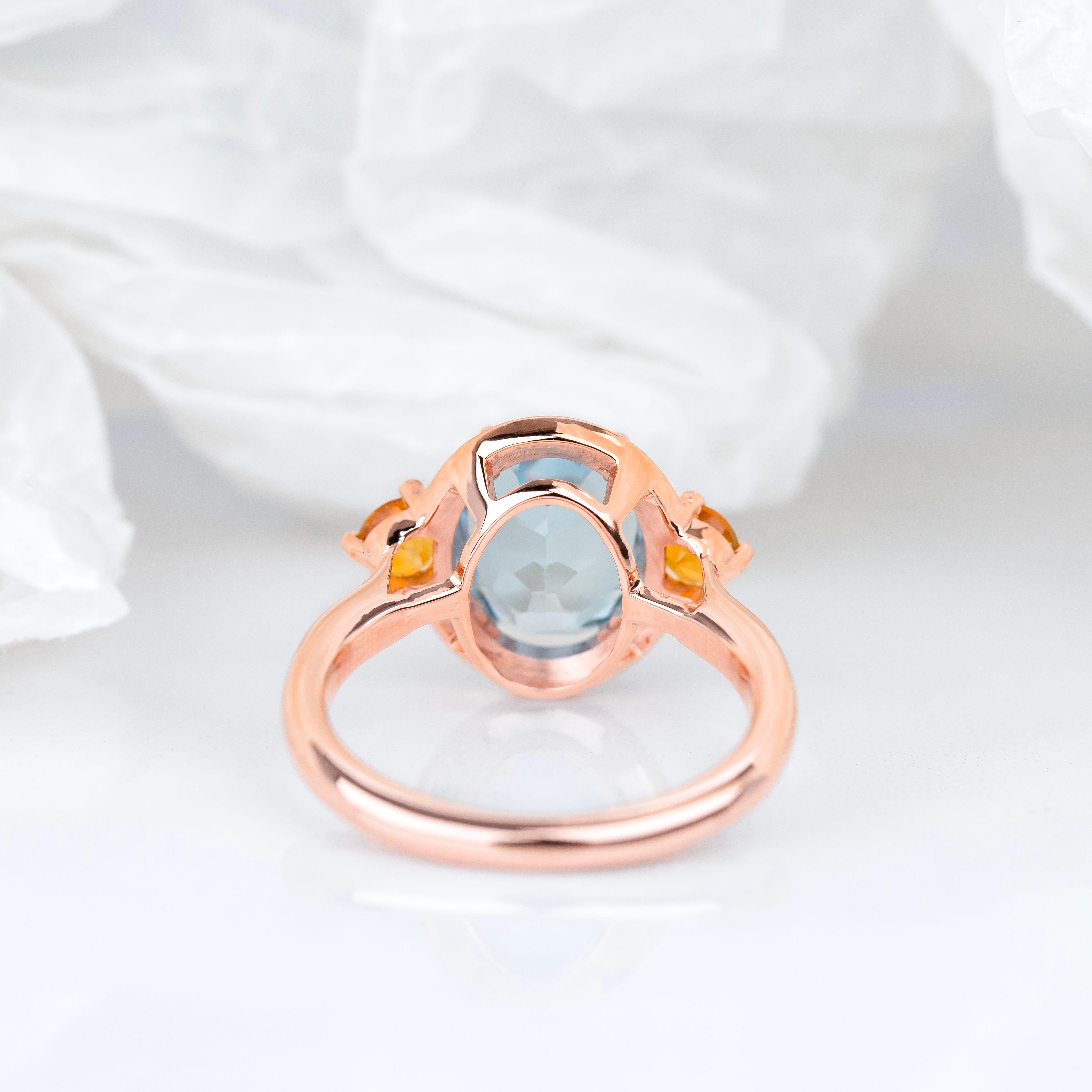 Emerald Cut 14K Gold Artdeco Style Enameled Cocktail Ring with Sky Topaz and Citrine Stone For Sale